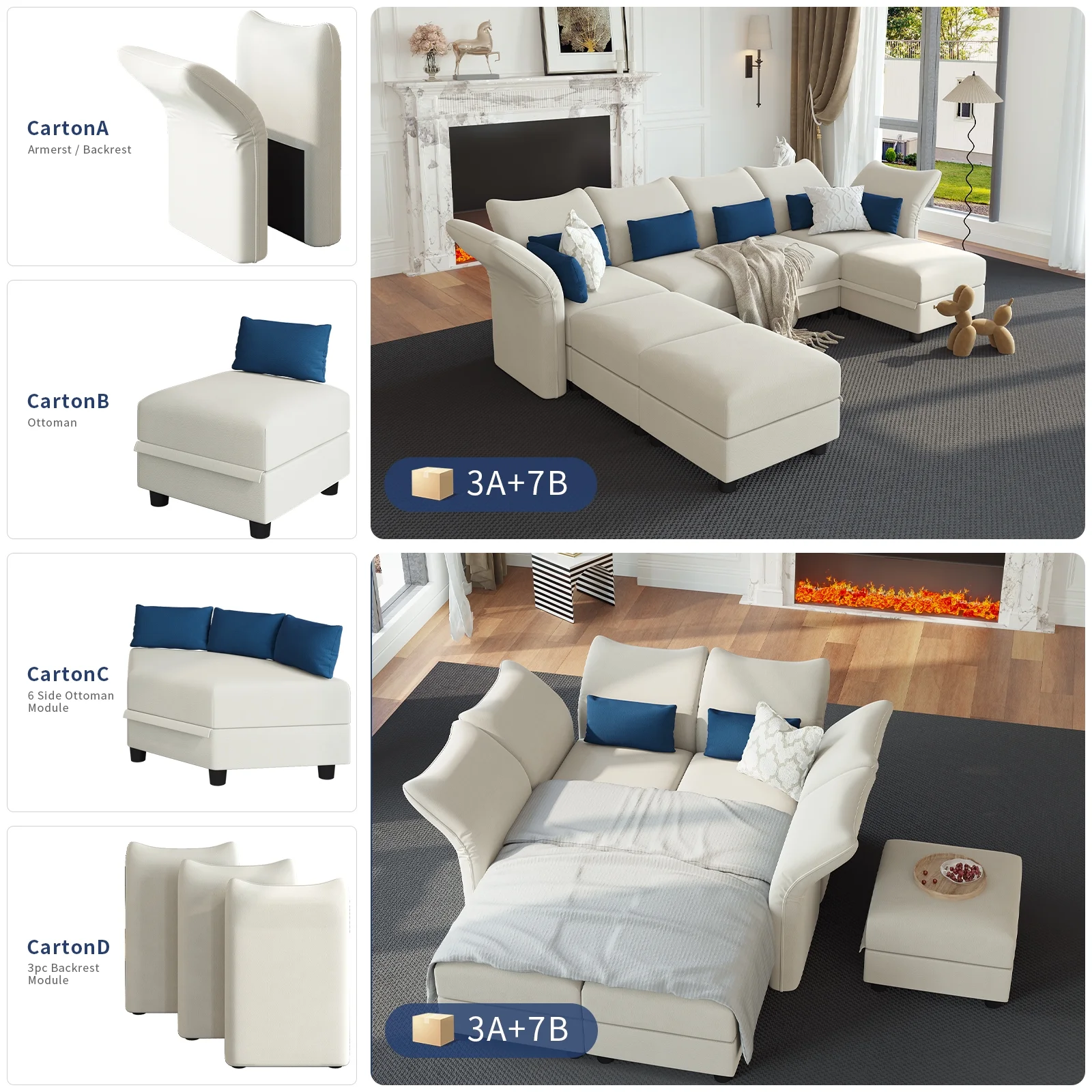 LLappuil 127.8" 6-Seater Velvet U Shaped Modular Sectional Sofa with Storage Chaise, High Back Recliner Modular Sleeper Couches for Living Room, Anti-Scratch White