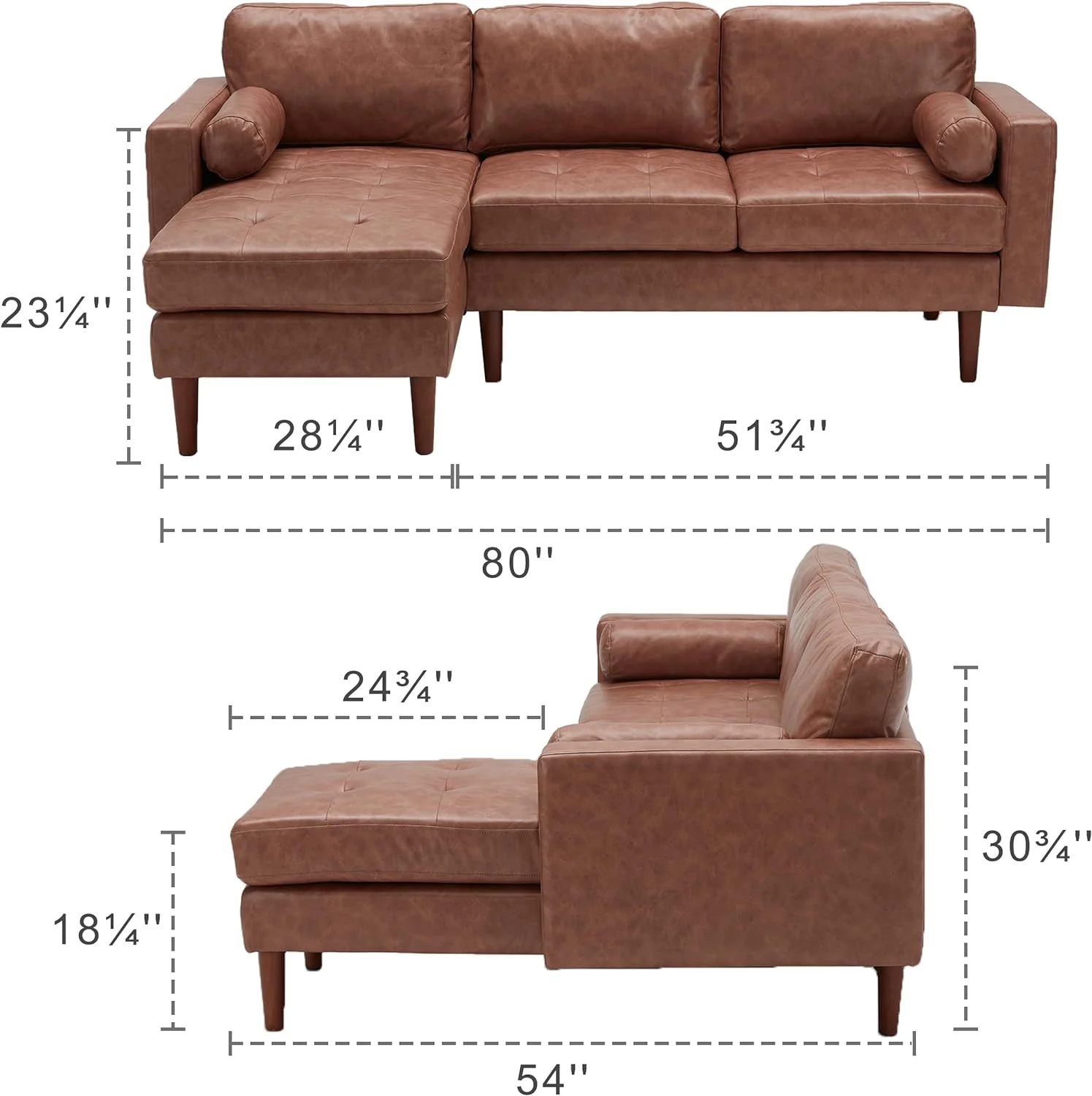 80" W Sectional Sofa Couch, L Shaped Couch with Reversible Chaise, Mid Century Modern Leather Couches for Living Room Apartment Small Space, Convertible Sofa with Tufted Seat Cushion, Brown