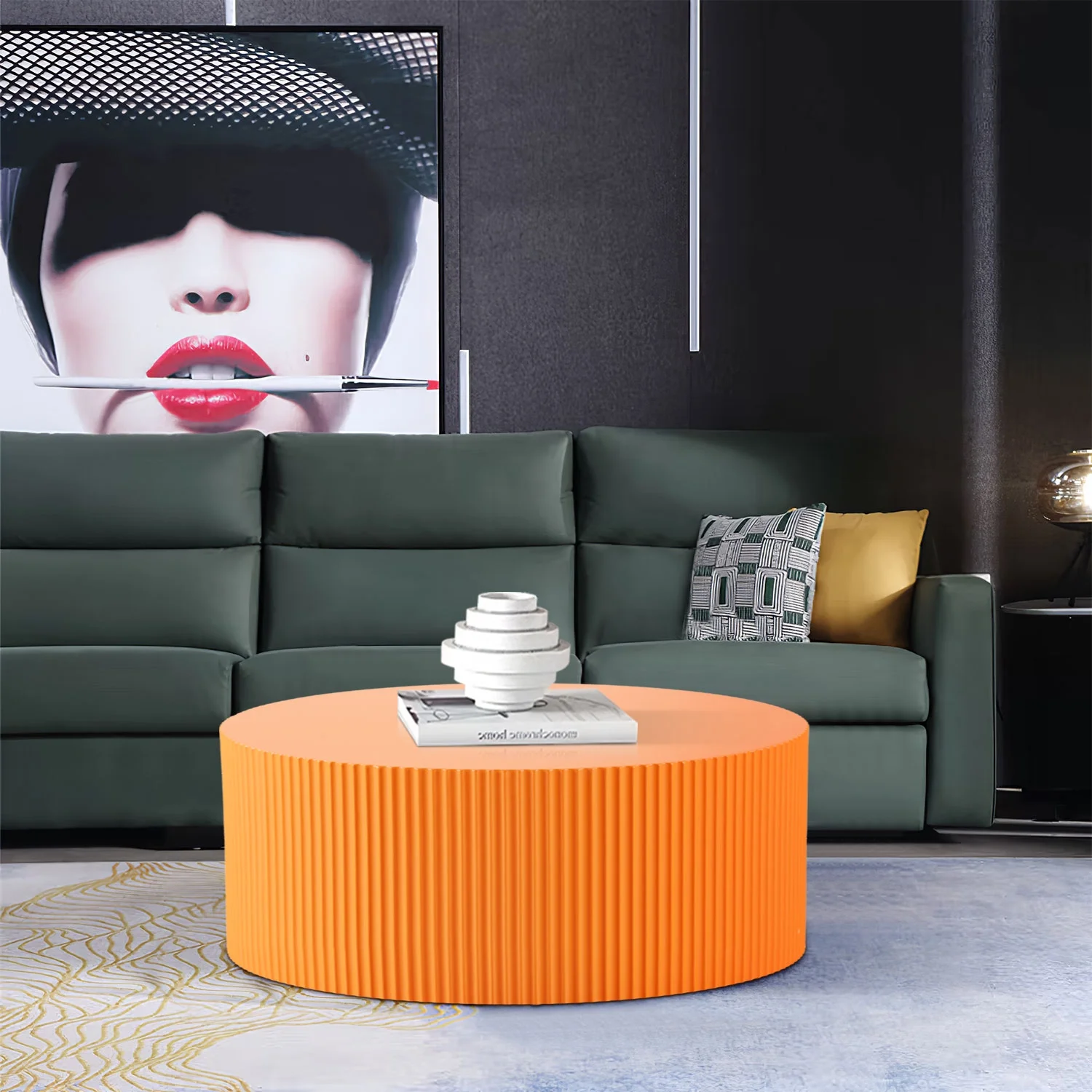 Kevinplus 35.43" Round Coffee Table, Matte Orange Wooden Large End Table for Living Room, Modern Luxury Side Tables Accent for Home Office