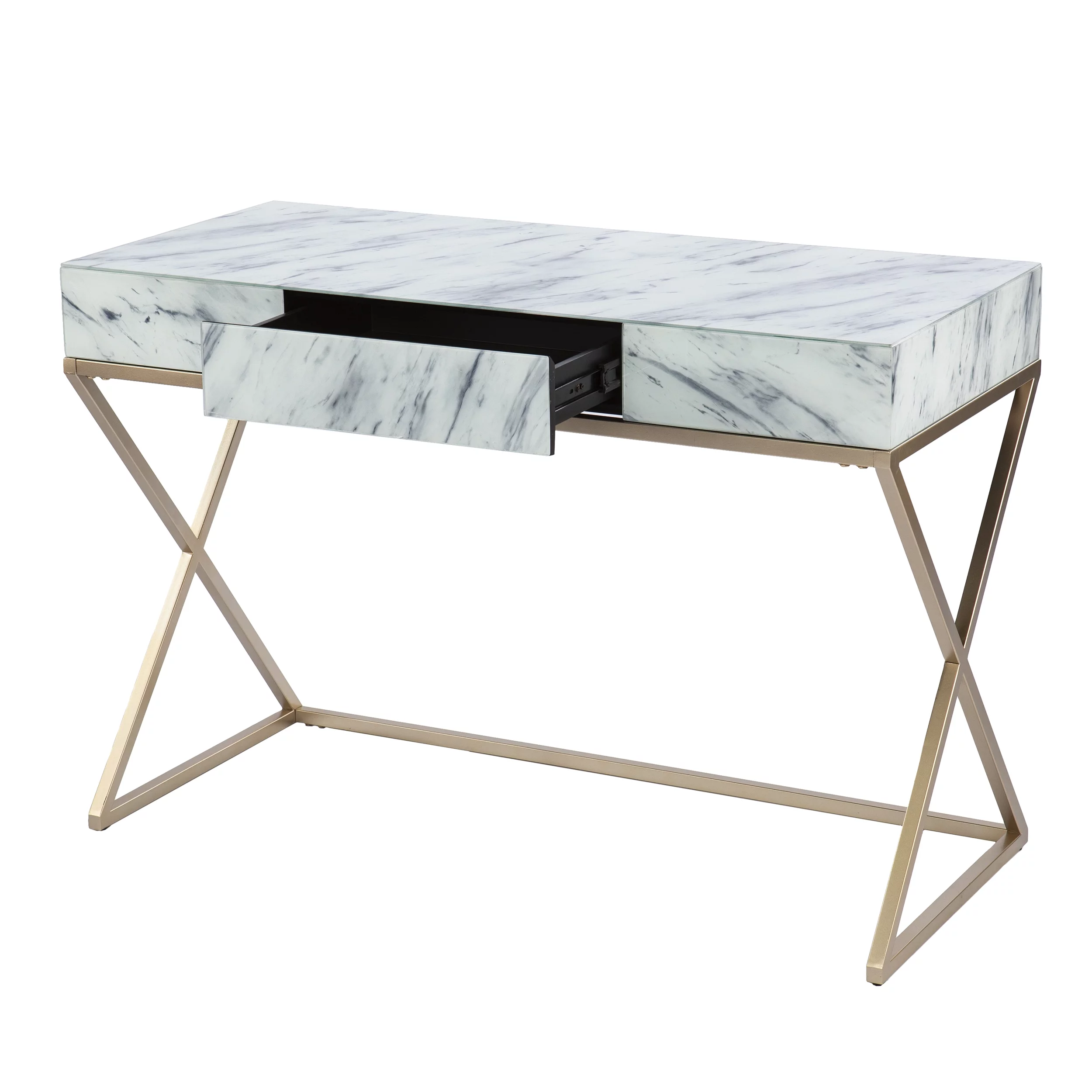 SEI Kamula Glam style Faux Marble Writing Desk with Storage in Gold finish with Gray and White faux marble