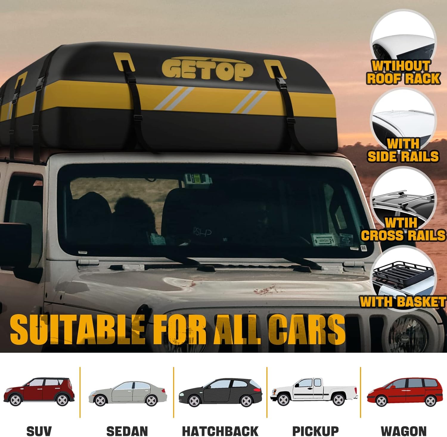 21 Cubic Feet Rooftop Cargo Carrier Bag Waterproof,GETOP 730D Car Roof Bag Heavy-Duty Soft-Shell for All Car with/Without Rack,with Non-Slip Mat, 6 Door Hooks，Lock，Storage Bag(Red)