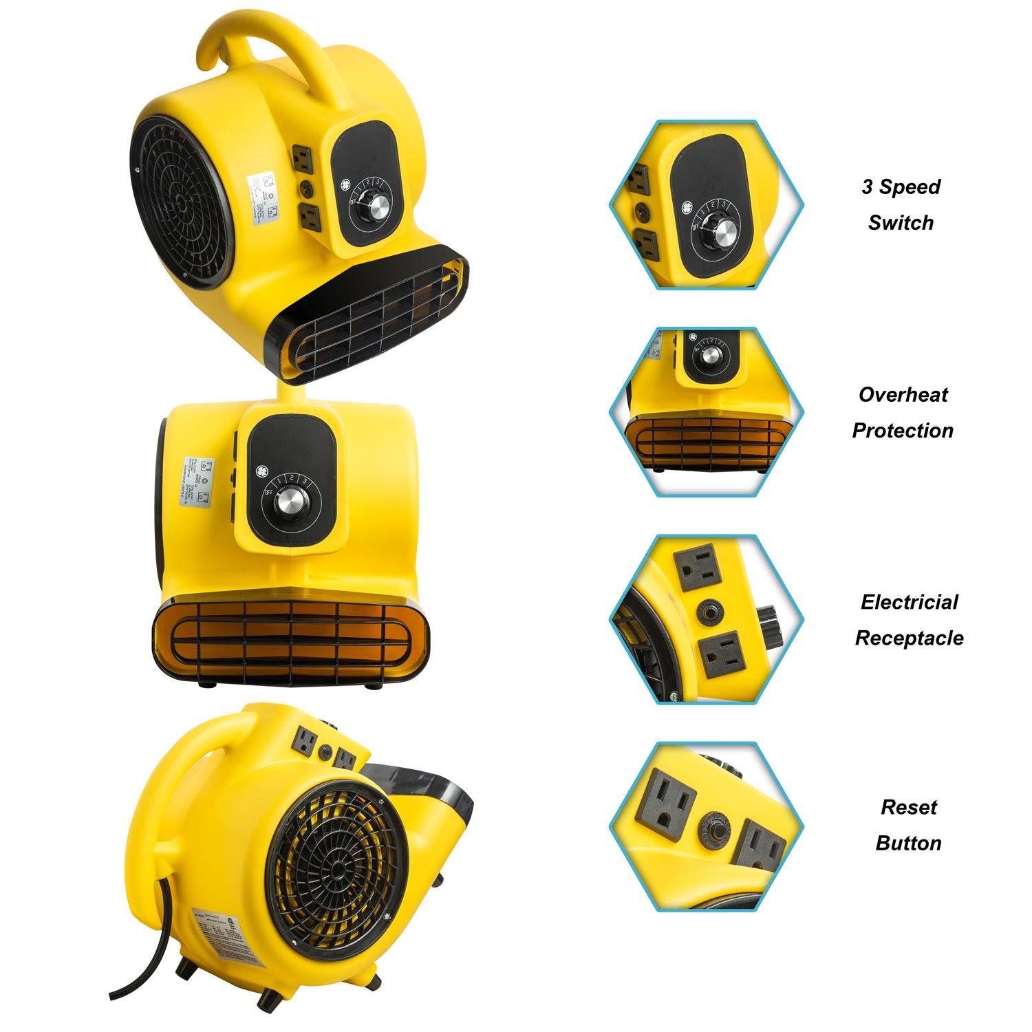 3-Speed Air Mover Floor Carpet Dryers Lightweight Blower Floor Fan Ventilator