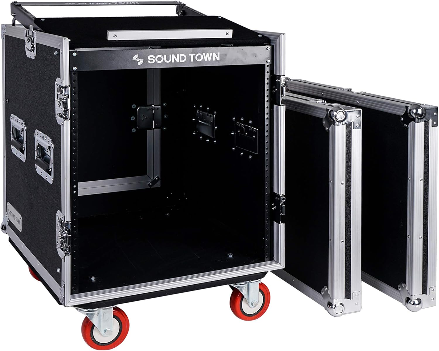 Sound Town 14U PA DJ Rack/Road ATA Case with 11U Slant Mixer Top, 20���� Rackable Depth, DJ Work Table and Casters, 14 Space Size, Pro Tour Grade (STMR-14UWT)