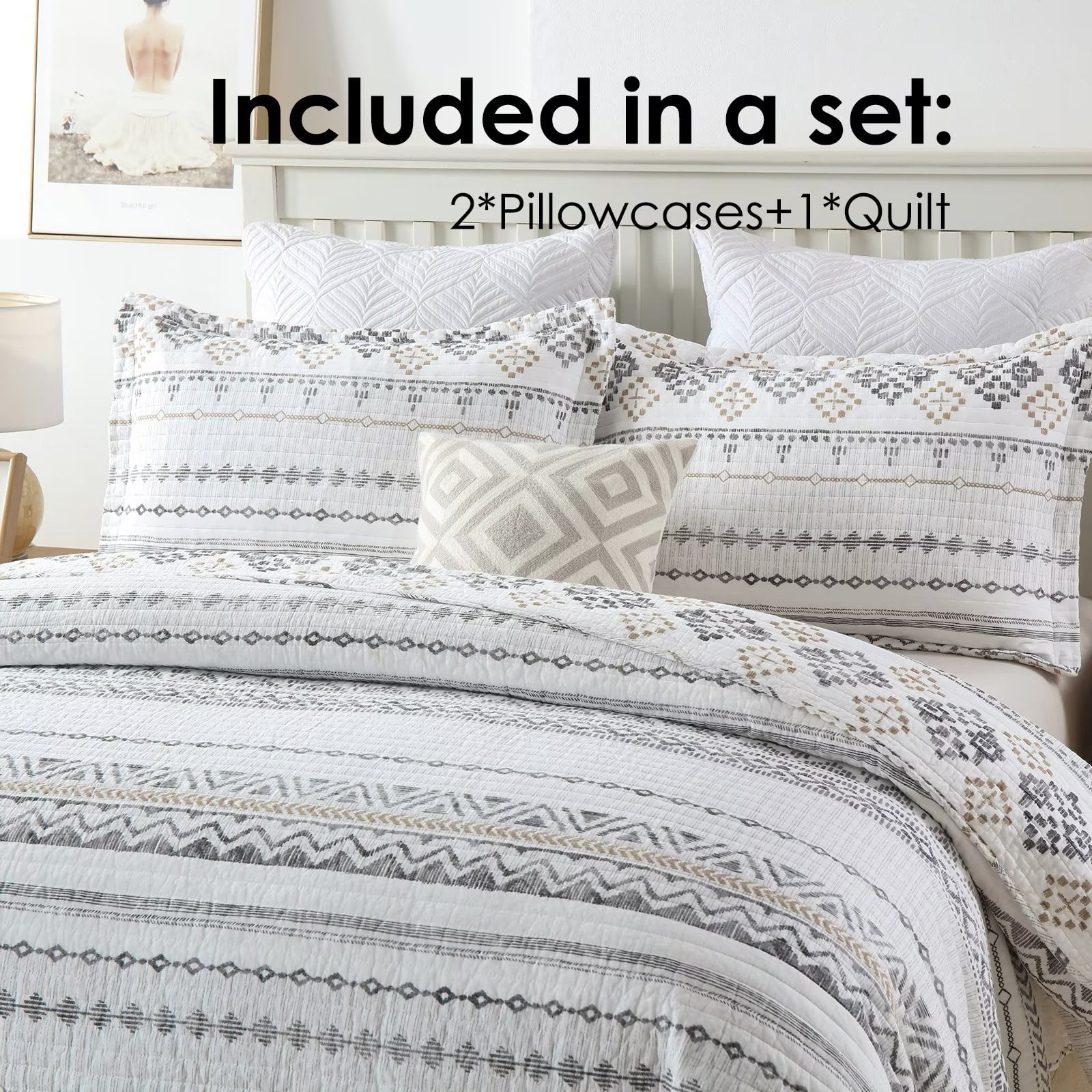 Bedduvit 100% Cotton King Size Quilt Set - Bohemian White & Charcoal Geometric Striped Quilt King, Boho Breathable Bedspread for All Season, 3-Piece Lightweight Summer Comforter Bedding Set, 98"x106"