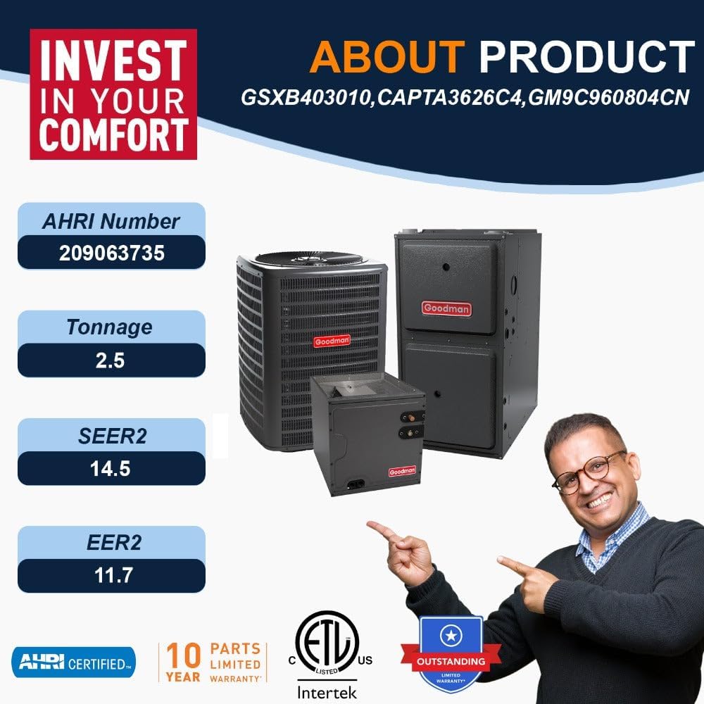 Goodman 2.5 Ton 14.5 SEER2 Single Stage Air Conditioner GSXB403010 and 80,000 BTU 96% AFUE Multi-Speed Gas Furnace GM9C960804CN Upflow System with CAPTA3626C4