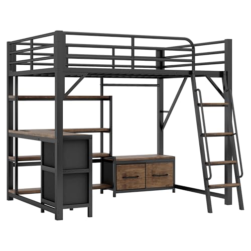 Full Size Loft Bed with Stairs and Storage, Metal Loft Bed Frame with Bedside Shelf and Large Under-Bed Space, Heavy-Duty Bed for Adults Teens and Kids, Black