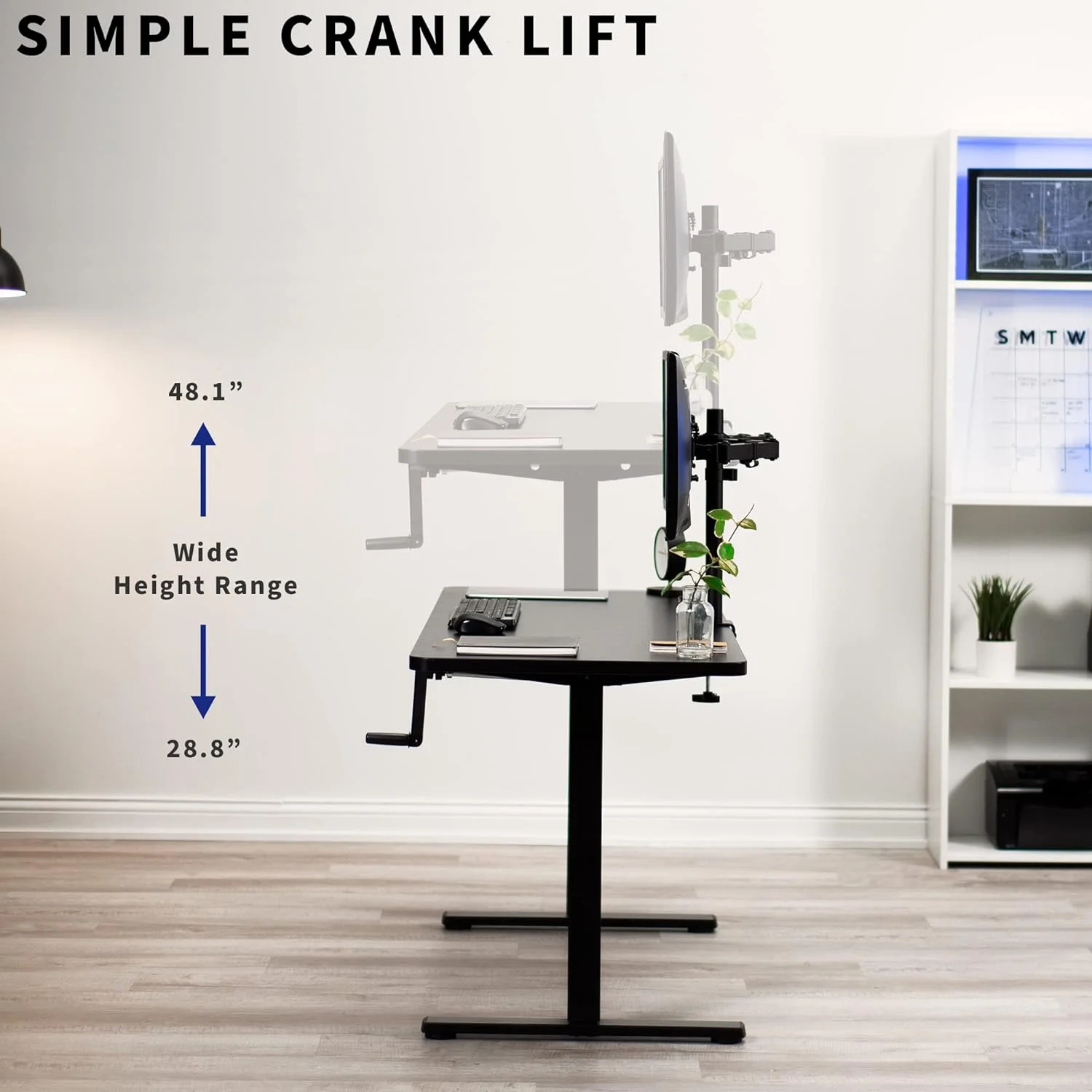 Manual Height Adjustable 60 X 24 Inch Stand Up Desk, Dark Walnut Solid One-Piece Table Top, Black Frame, Standing Workstation With Foldable Handle, DESK-KIT-MB6D