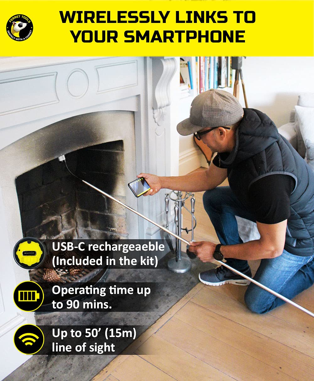 Ferret Sweeps Wireless Inspection Camera - WiFi Chimney Flue Camera with 720p HD, Digital Zoom & Variable Focus, Adjustable LED Lights, IP67 Rated, Chimney Tool with Free App & Rod adaptors