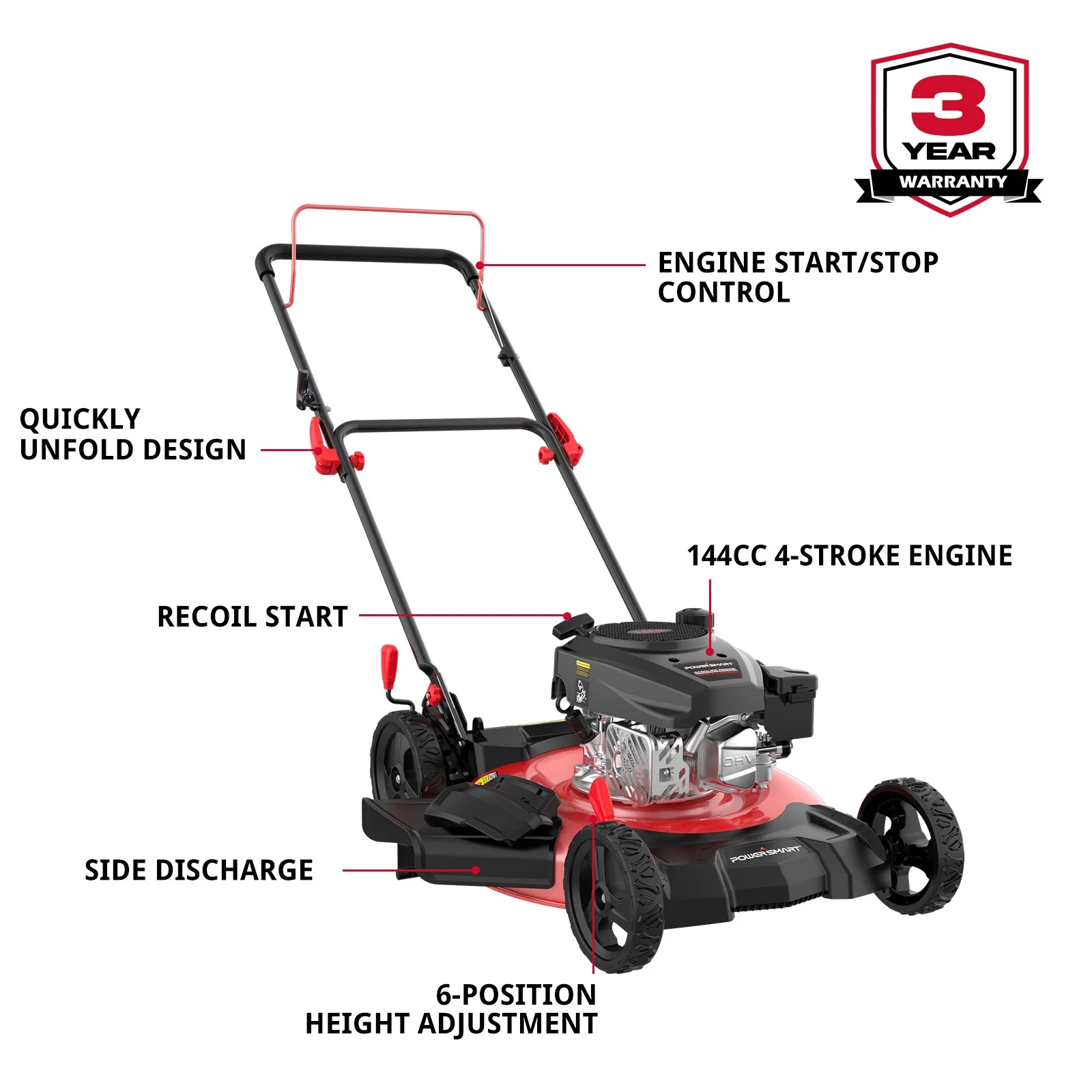 PowerSmart Gas Lawn Mower, 21 inches 144cc 2-in-1 Walk-Behind , Side Discharge Push Lawn Mower