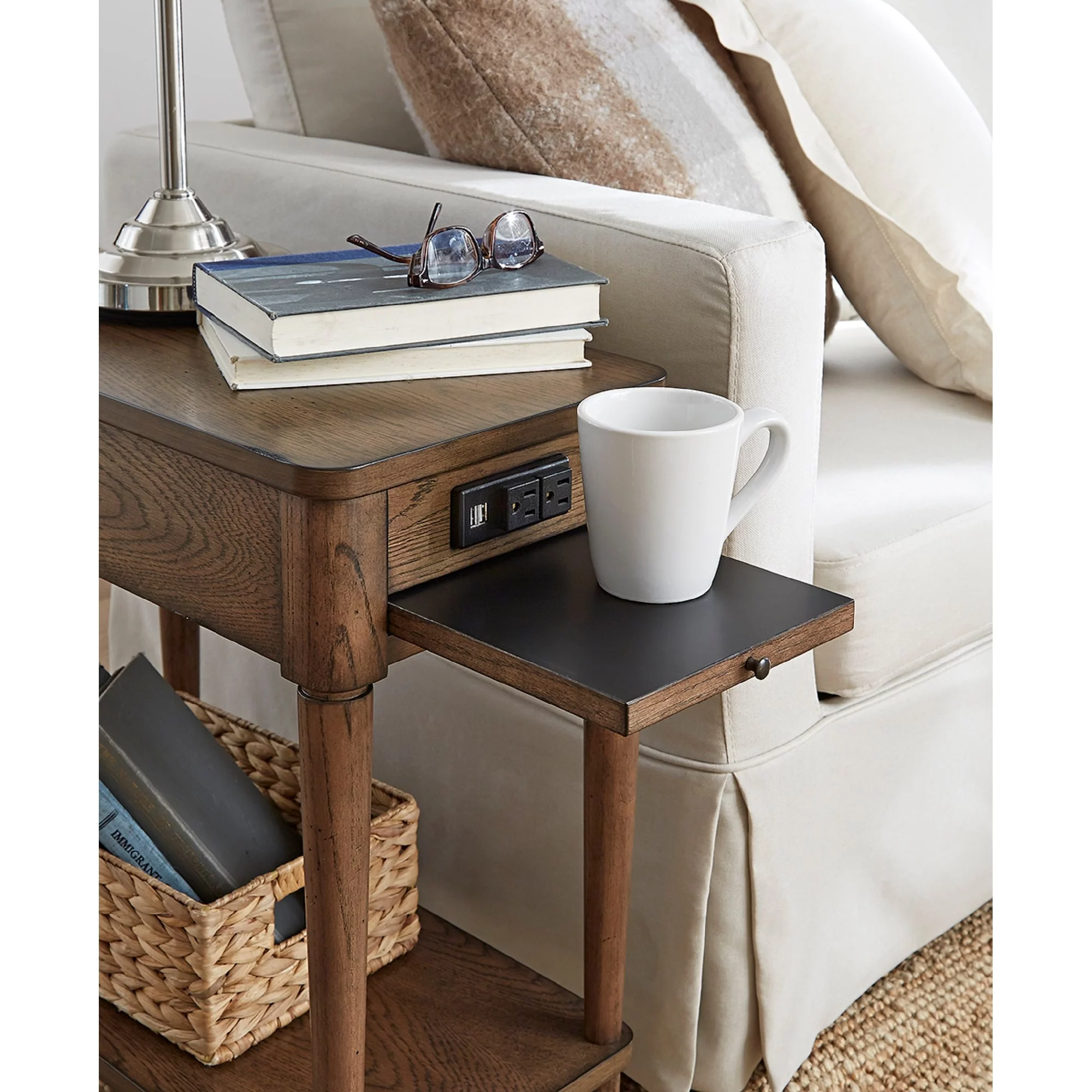 Gracewood Hollow  Distressed Solid Wood Charging Chairside End Table Green Distressed, Painted Solid Wood, Charging Station