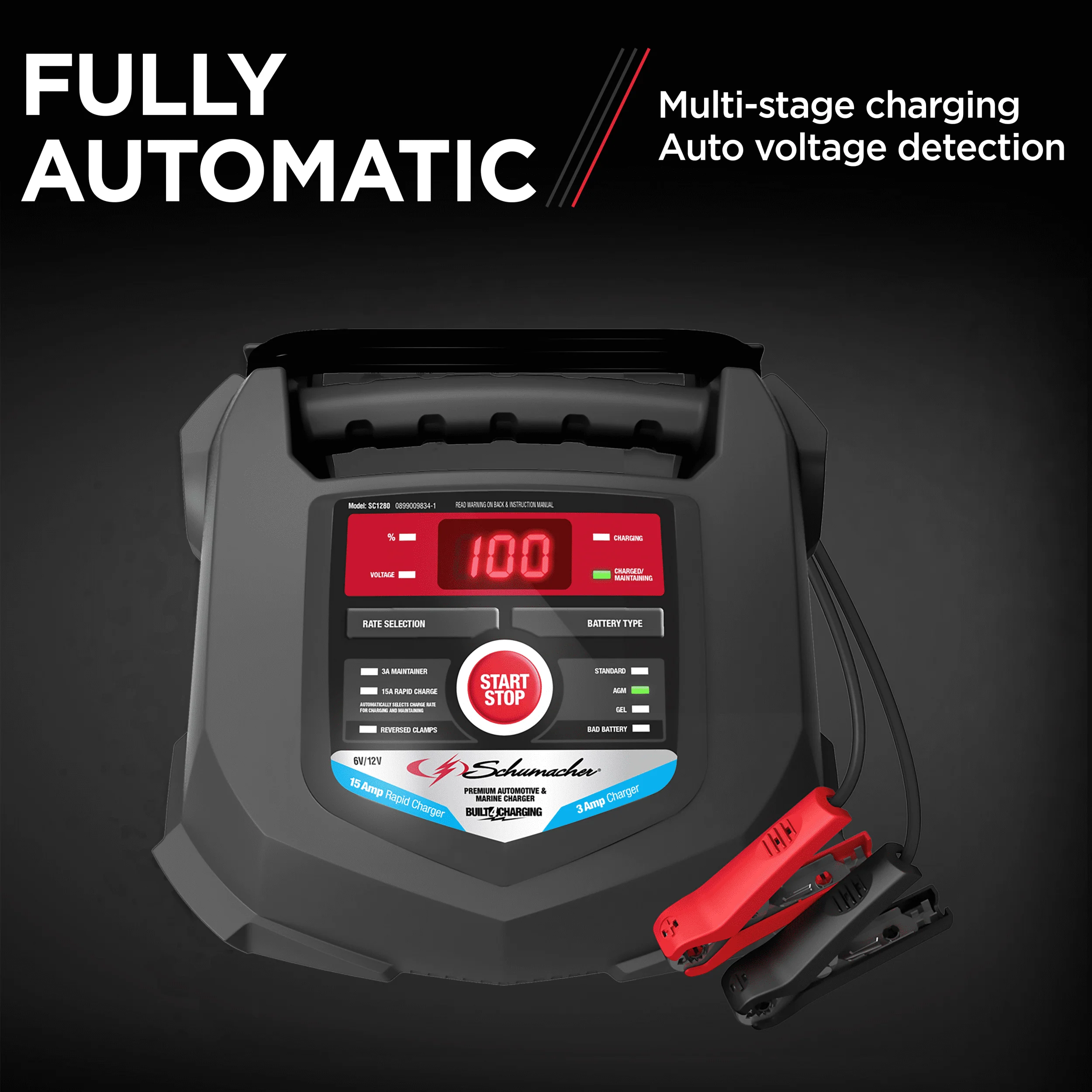 Schumacher SC1280 15A 6V/12V Fully Automatic Battery Charger/Maintainer – Auto & Marine - New in Box
