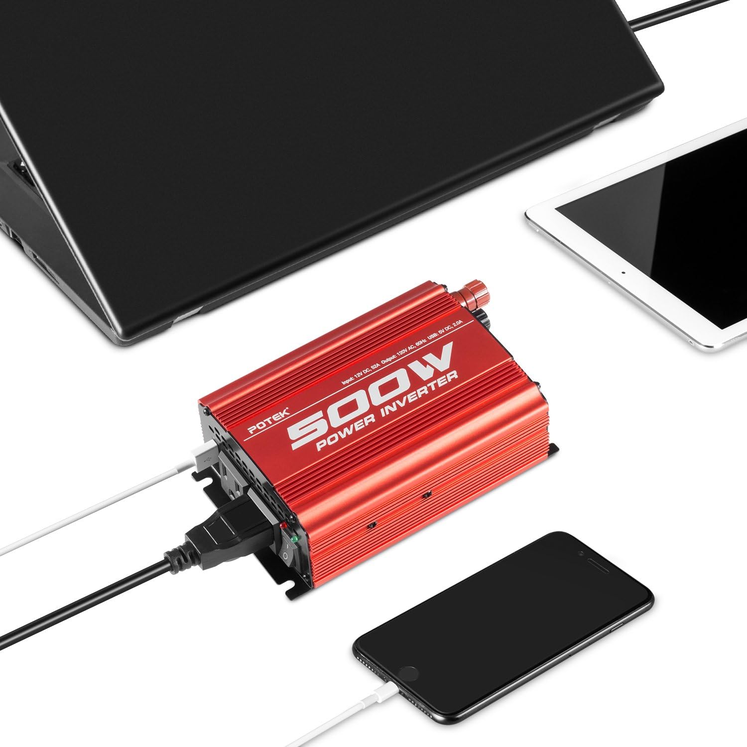 POTEK 500W Car Power Inverter DC 12V to AC 110V with 2AC outlets and 2A USB Port