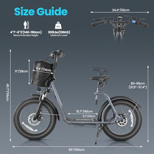 Caroma Peak 800W Foldable Electric Scooter Adults, 20" Fat Tire Electric Bike with 48V Battery, Up to 30Miles & 20MPH, Adult Electric Bicycles for Commuting with Basket&Adjustable Seat