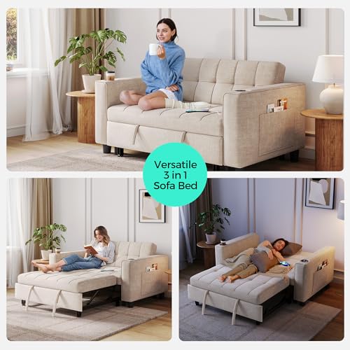 LINSY 3-in-1 Convertible Sofa Bed, 54" Pull Out Sleeper Sofa with Charging Station & Cup Holder, Small Folding Loveseat with Side Pocket for Small Space, Corduroy Couch, Green