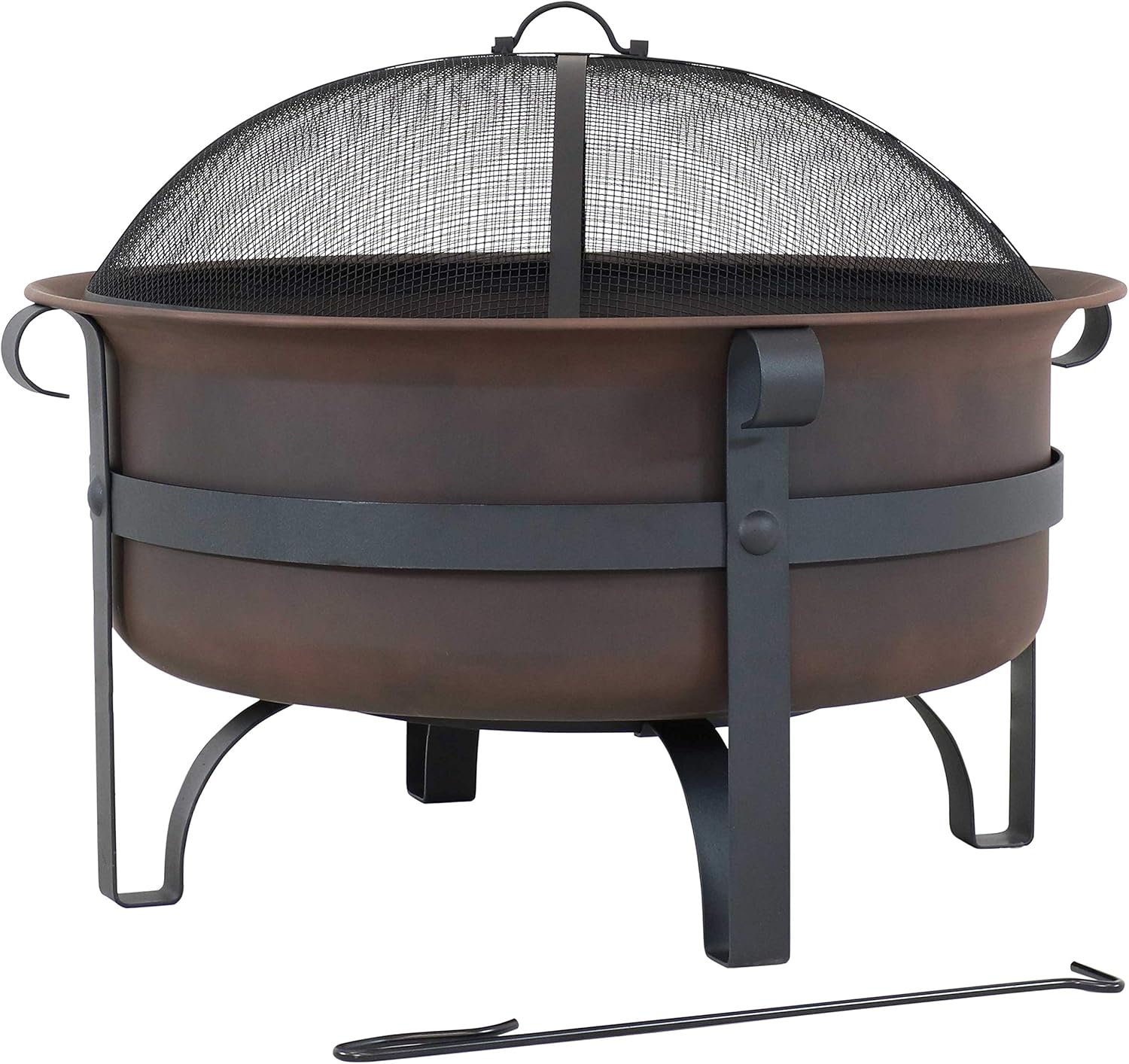 Sunnydaze Large Bronze Cauldron Outdoor Fire Pit Bowl - Round Wood Burning Patio Firebowl with Portable Poker and Spark Screen - 29 Inch