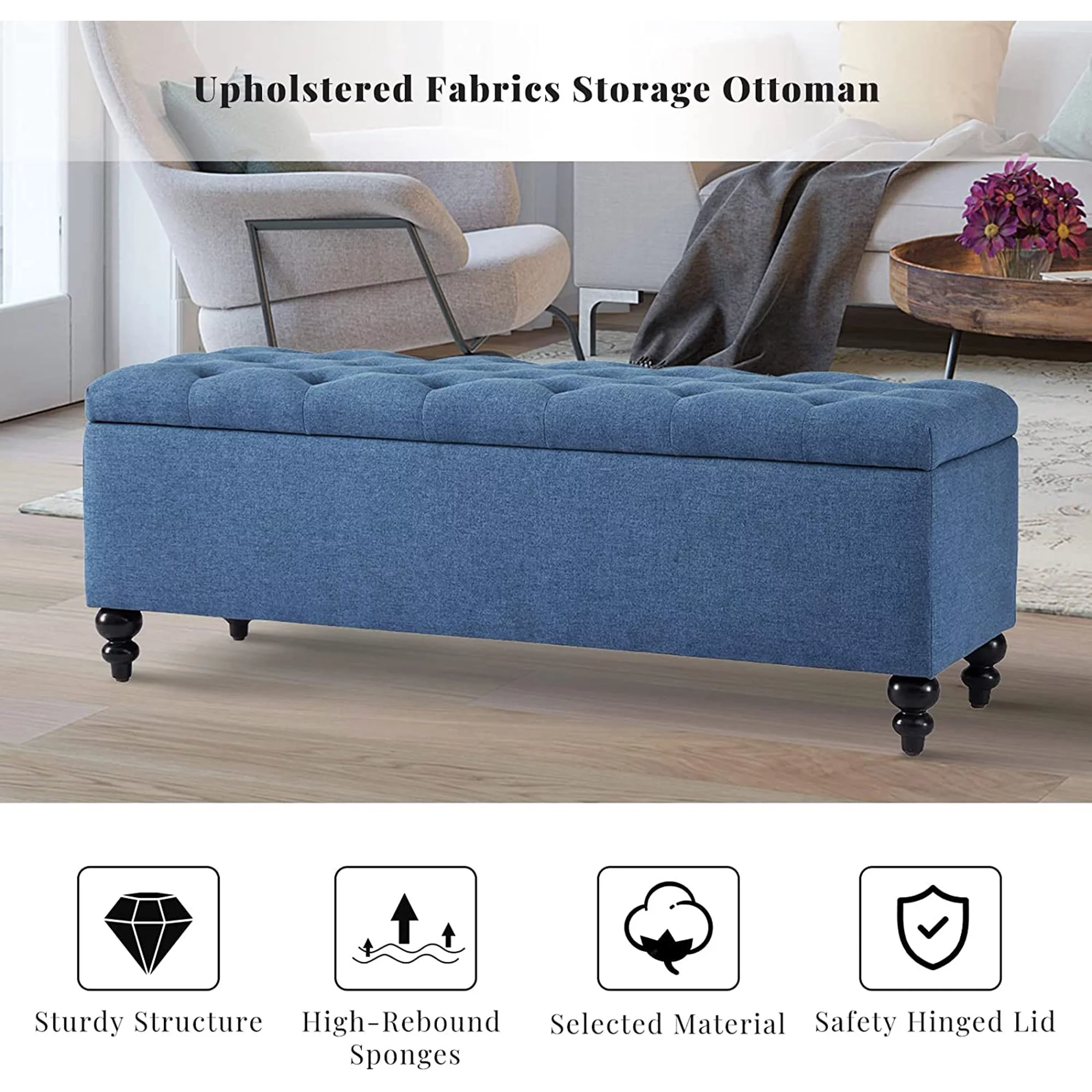 Kinmars 50.2" Ottoman with Storage, Large Storage Bench with Button-Tufted, Safety Hinge Ottoman in Upholstered Fabrics for Bedroom, Living Room(Blue)