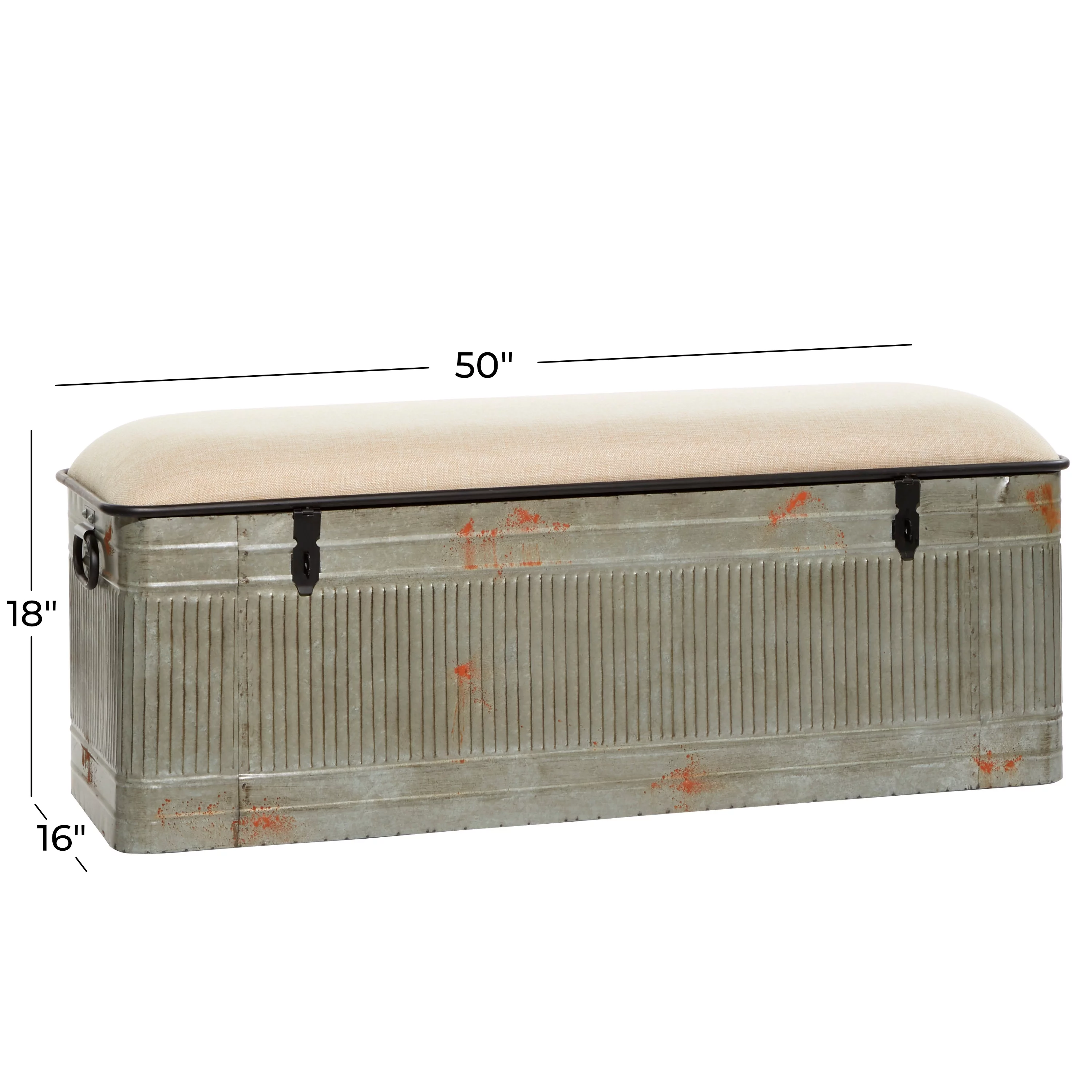 DecMode Metal Galvanized Storage Bench with Cream Burlap Top, Gray