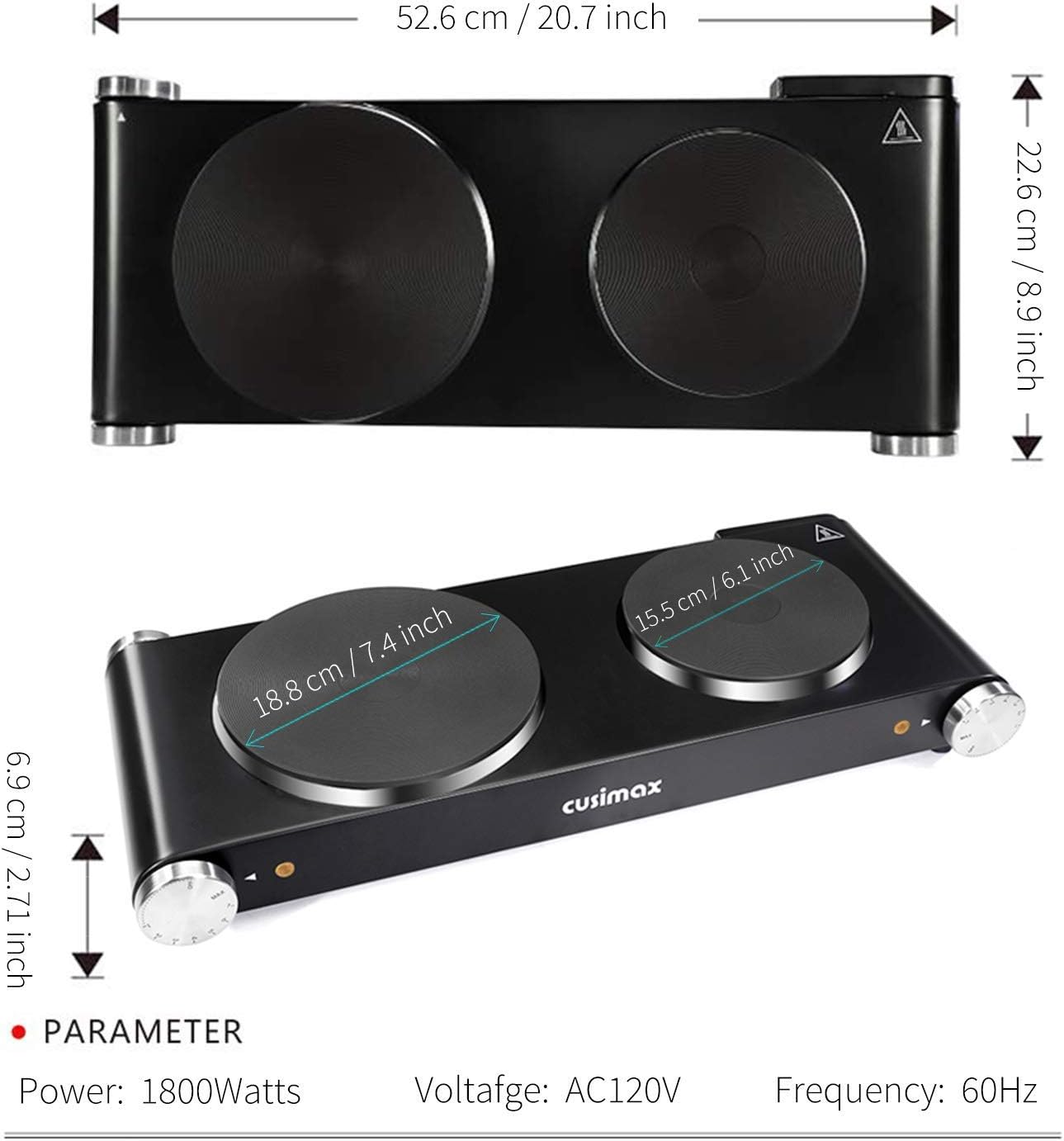 Cusimax Hot Plate Electric Burner Single Burner Cast Iron hot plates for cooking Portable Burner 1500W with Adjustable Temperature Control Stainless Steel Non-Slip Rubber Feet, Upgraded Version