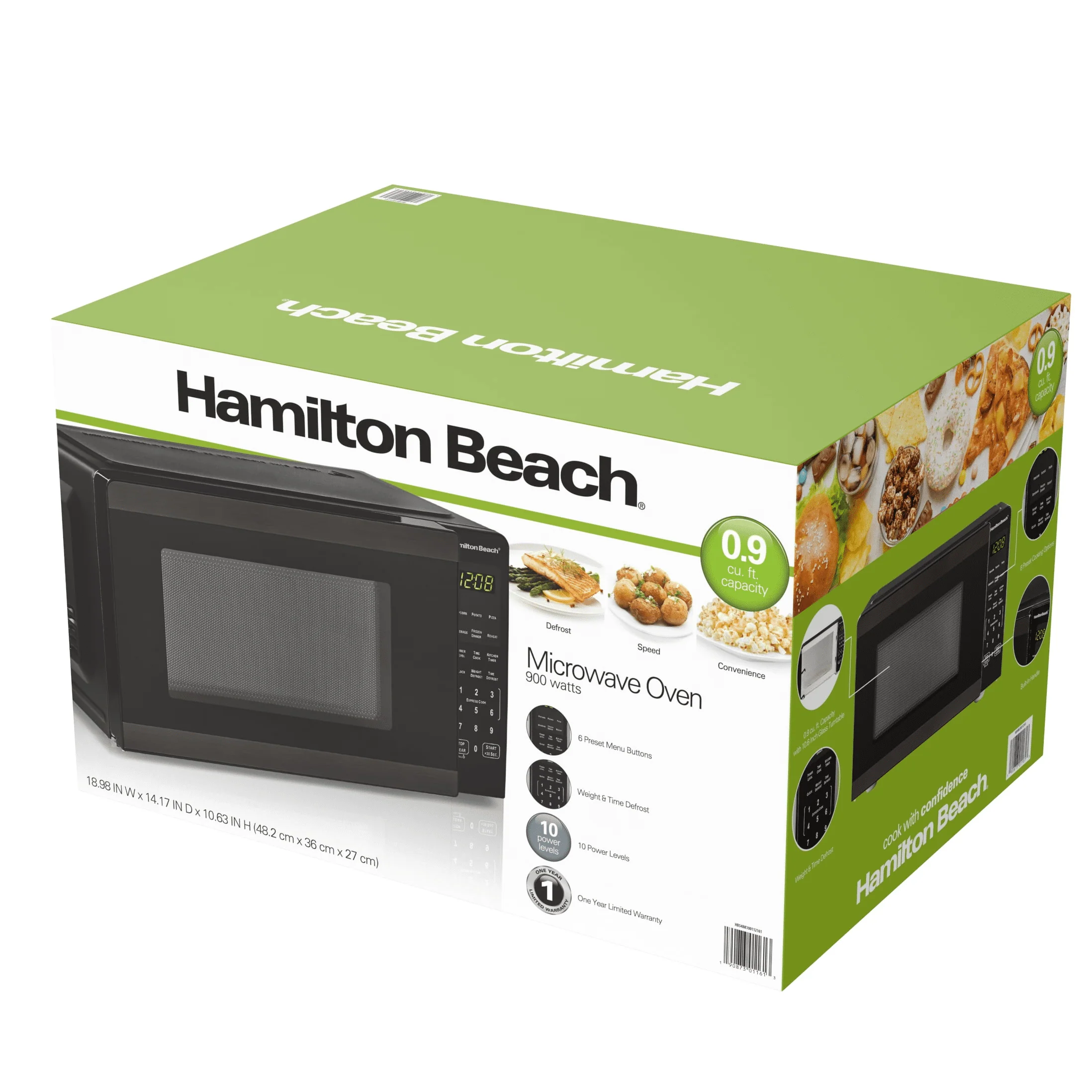 Hamilton Beach 0.9 Cu ft Countertop Microwave Oven, 900 Watts, Stainless Steel, New