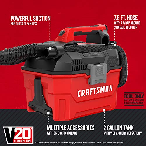 CRAFTSMAN V20* Cordless Shop Vac, 2 Gallon, Wet/Dry, Tool Only (CMCV002B)