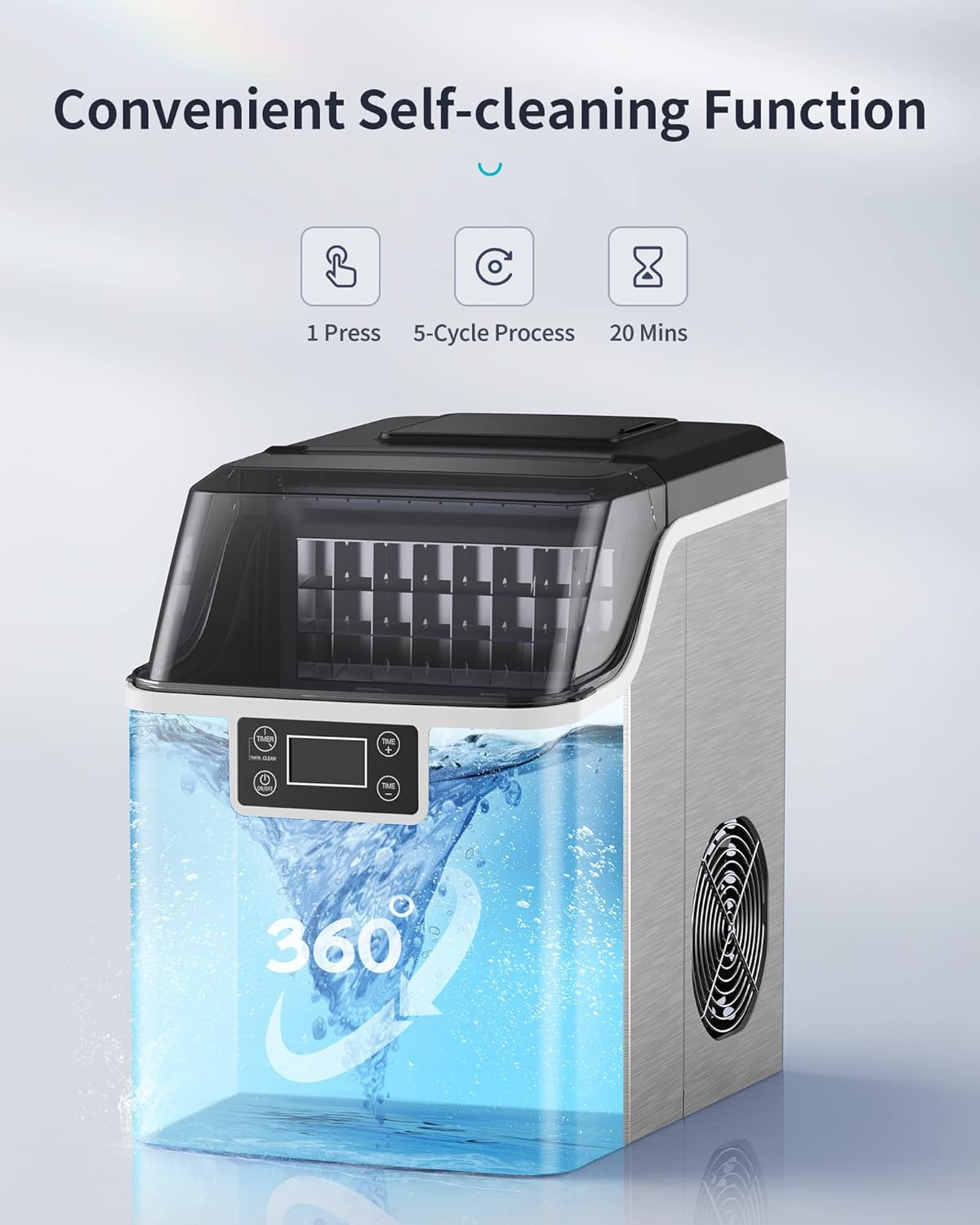 ecozy Portable Ice Makers for Countertop, 44lbs Per Day, 24 Cubes Ready in 13 Mins, 2 Ways to Add Water, Self-Cleaning Ice Maker with Ice Bags/Scoop/Basket for Home Office Bar Party, Silver