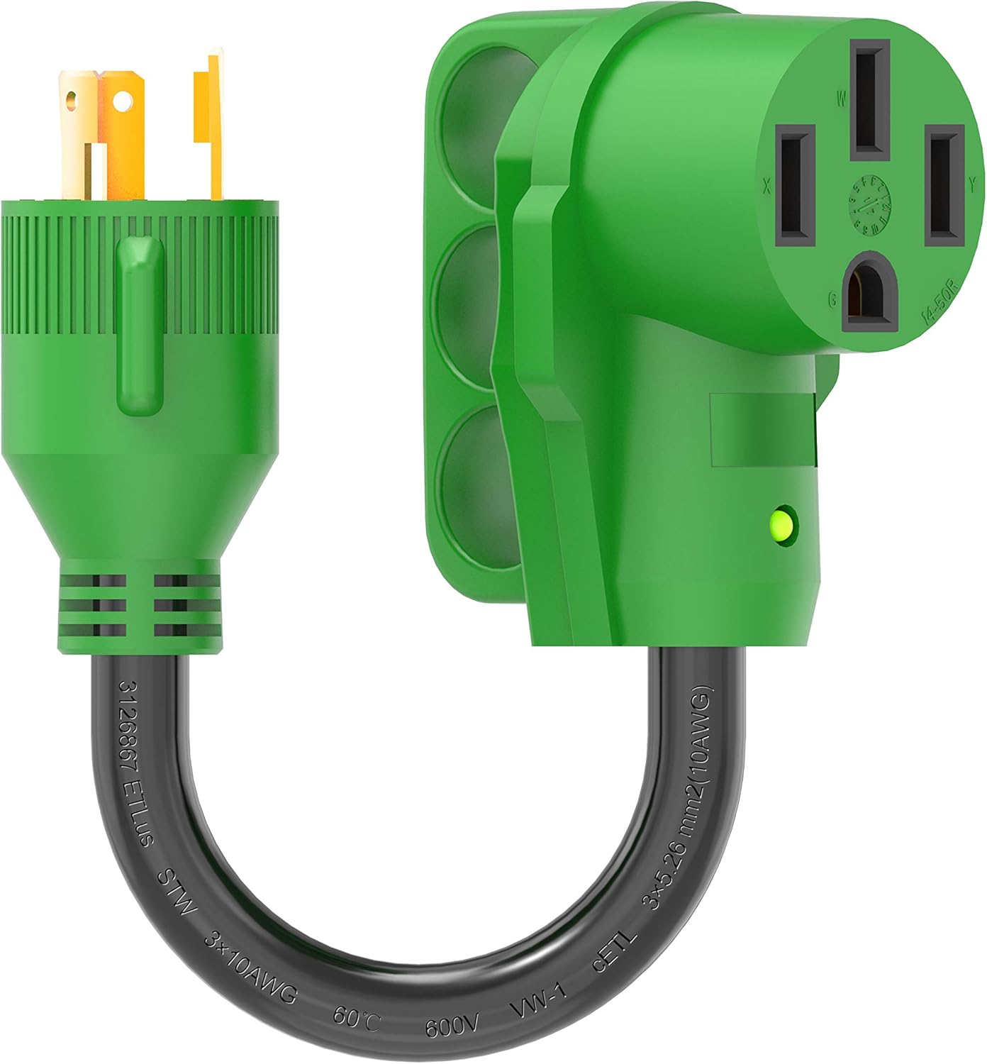 RVGUARD 4 Prong 30 Amp to 30 Amp RV Generator Adapter Cord 12 Inch, STW 10/3, L14-30P Locking Male Plug to TT-30R Female with LED Power Indicator, Green