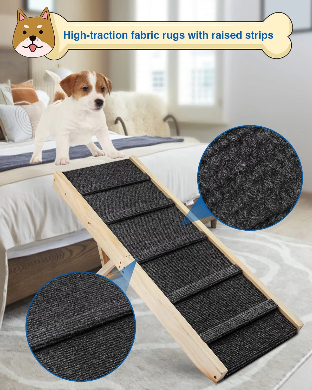 TNELTUEB Adjustable Dog Ramp, Wooden Folding Portable Pet Ramp,Rated for 30 LBS, 32.6" Long and Adjustable from 10" to 19" with Non-Slip Traction Mat, Cat Ramps for Car, Bed, Couch (Grey) - Curated Treasures Market