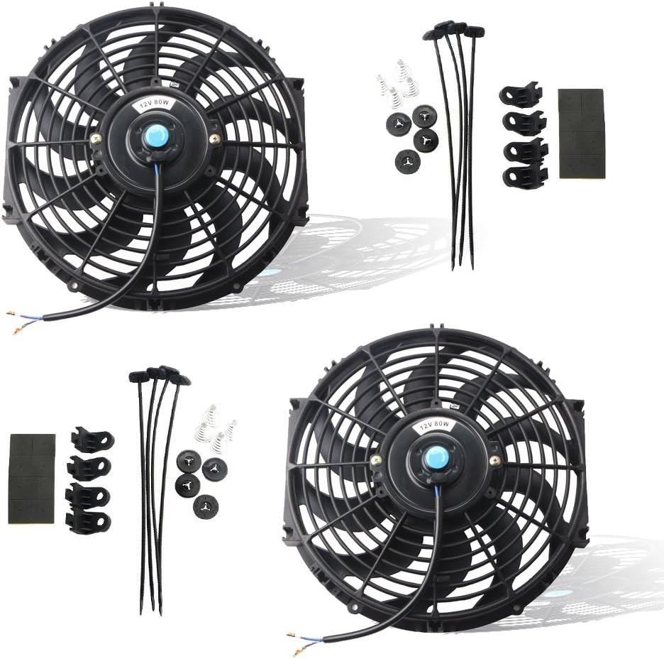 MOSTPLUS Black Universal Electric Radiator Slim Fan Push/Pull 12V + Mounting Kit (12 Inch) Set of 2 Pack of 2