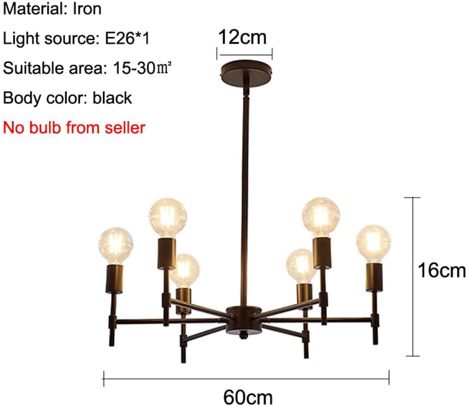EAUSO American Retro 6 Heads Iron Chandelier Personalized Living Room Dining Room Kitchen Bedroom Study Candle Lighting Rustic Industrial Pendant Farmhouse Ceiling Light Matte Black E26 Socket