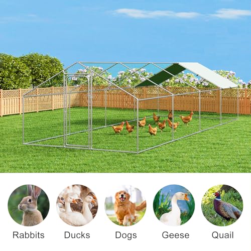 Large Metal Chicken Coop Walk-in Poultry Cage Chicken Run Pen Dog Kennel with Waterproof and Anti-Ultraviolet Cover for Outdoor Farm Use(9.8' L x 19.7' W x 6.4' H)