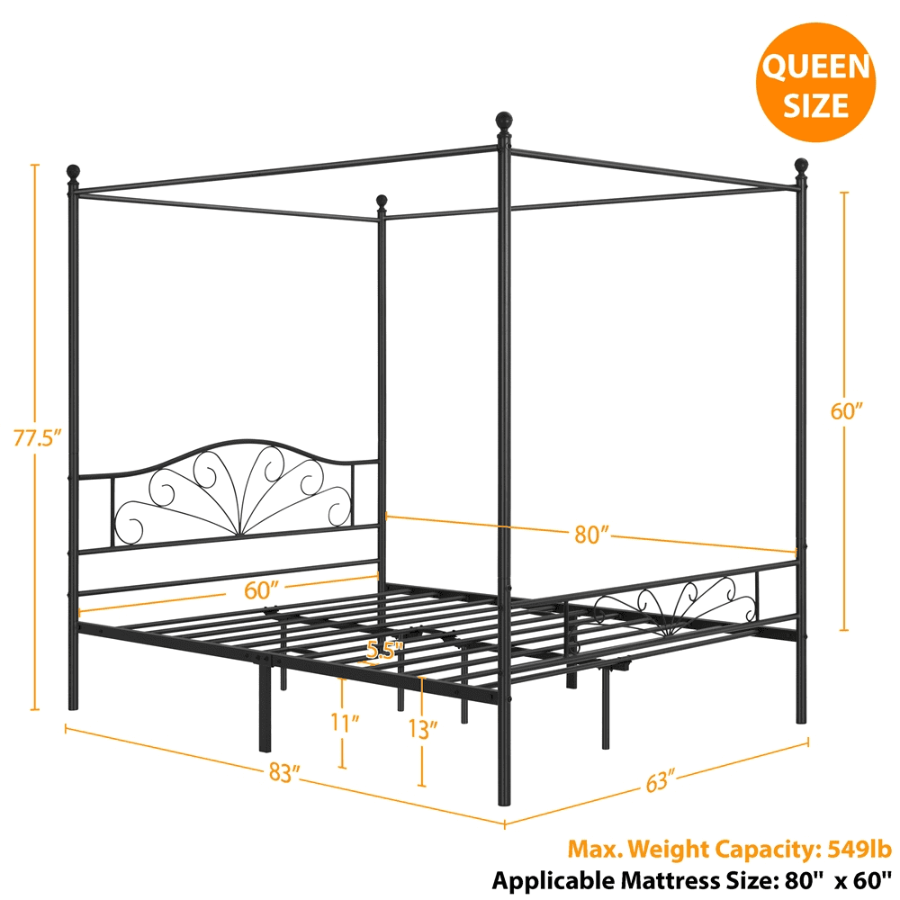 Topeakmart Four-poster Metal Canopy Platform Bed with Arched Headboard and Footboard, Queen Size, Black