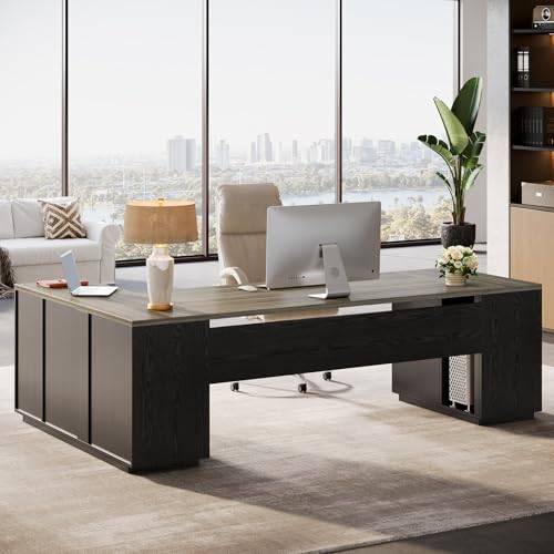 Tribesigns 85.8-Inch L-Shaped Executive Desk with File Drawers, Door Cabinet & Shelves, Extra Large Commercial Office Desk, Modern Professional Office Table, White & Brown Business Furniture