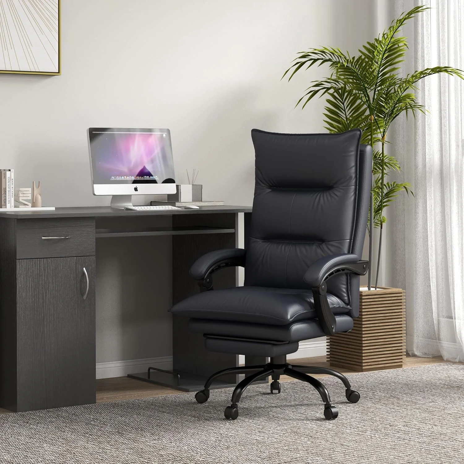 Massage Office Chair With 6 Vibration Points, Executive Computer Desk Chair, Heated Reclining Chair With Footrest, Armrest, Double Padding - Charcoal Gray