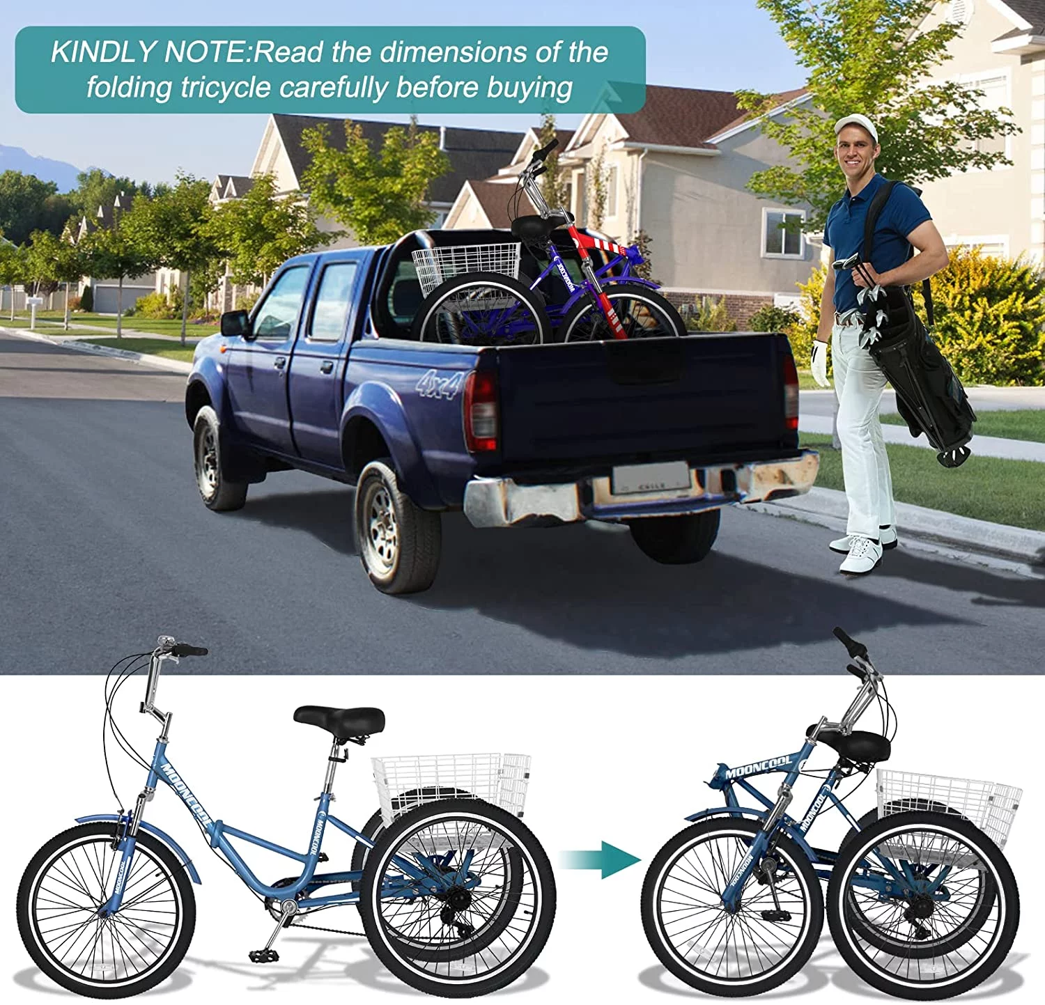 Slsy Adult Folding Tricycle for Adults, 7 Speed 20/24/26 inch 3 Wheels Bikes with Basket, Foldable Tricycle for Adults, Women, Men, Seniors
