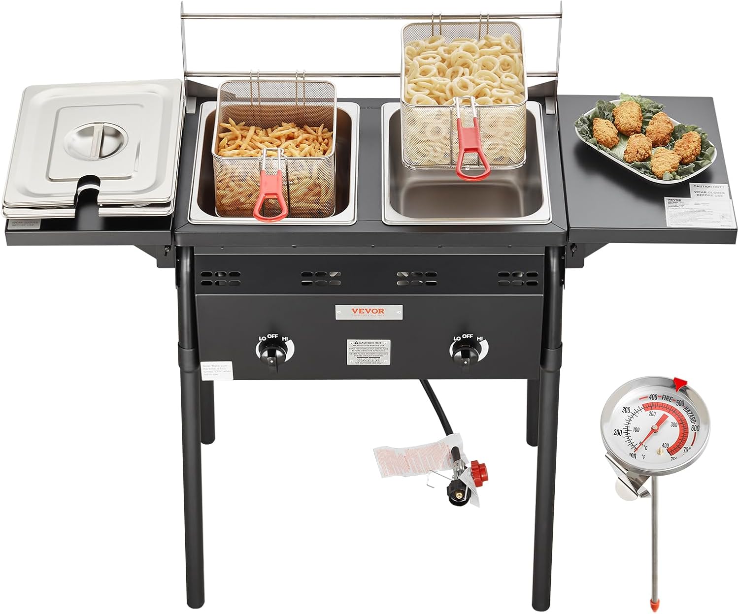 VEVOR Outdoor Propane Deep Fryer, Double Burners Commercial Fryer, 16 Qt Stainless Steel Cooker with Removable Baskets & Lids & Tanks, Oil Fryer Cart with Thermometer & Regulator, For Outdoor Cooking
