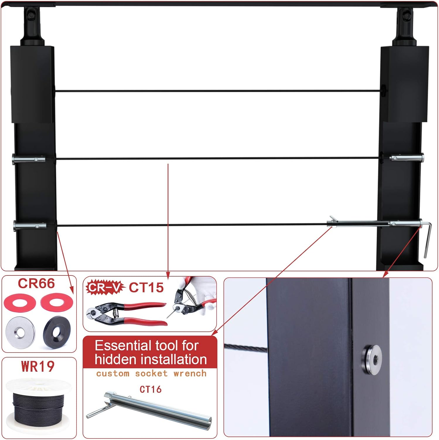 Muzata 20Set Cable Railing kit Invisible Swageless 1/8 Turnbuckle Tensioner Terminal Hidden Flat Head for 2-6 Wood Metal Post Deck Stairs Edgeless System CB05,CL1 CV1 CV2