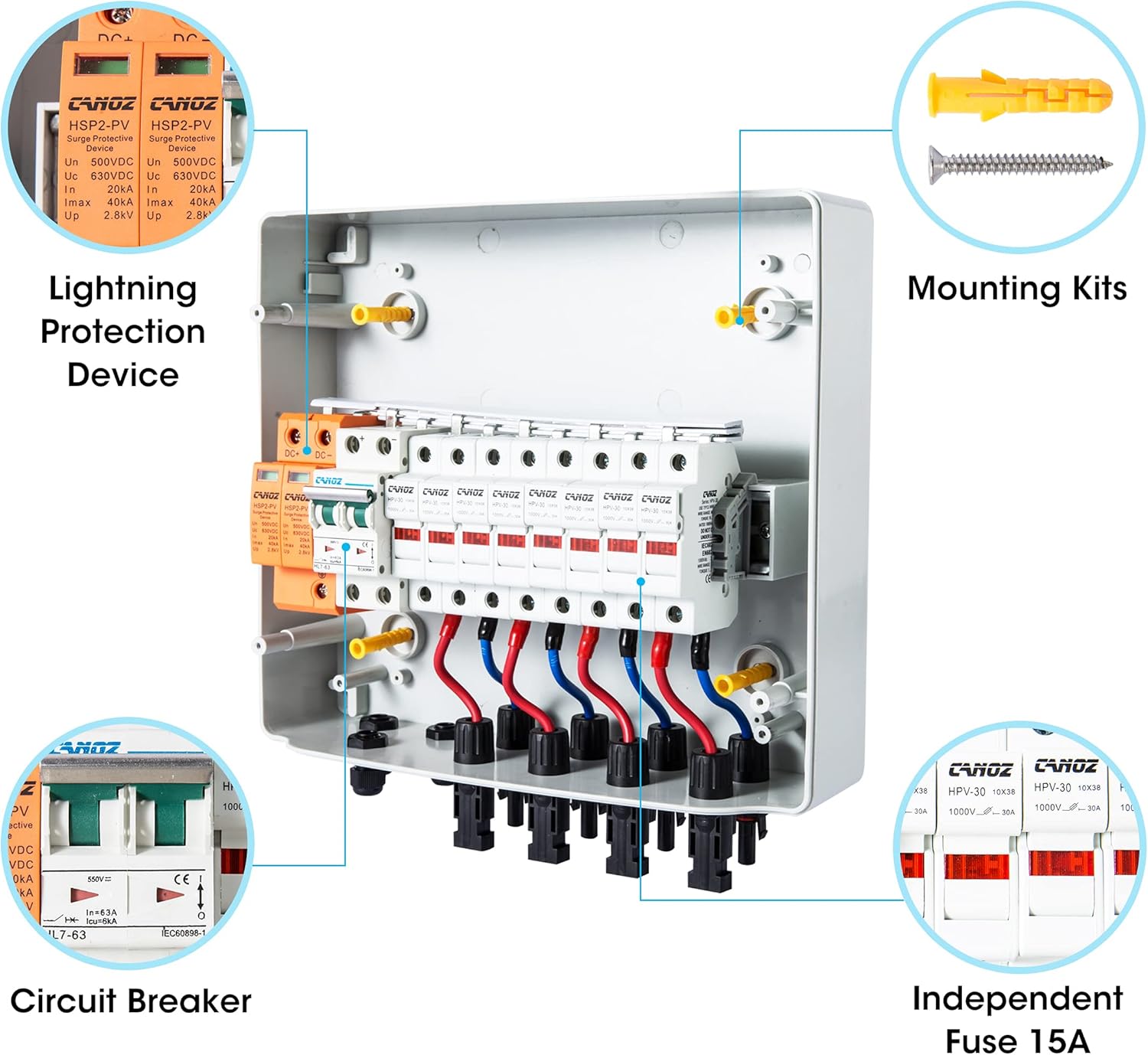 CANOZ-PV4/1 PV Combiner Box, 4 String, with 15A Rated Current Fuse, 63A Circuit Breaker, 2.8KV Surge/Lightning Protector Arrester and MC4 Solar Connectors for On/Off Grid Solar Panel System.