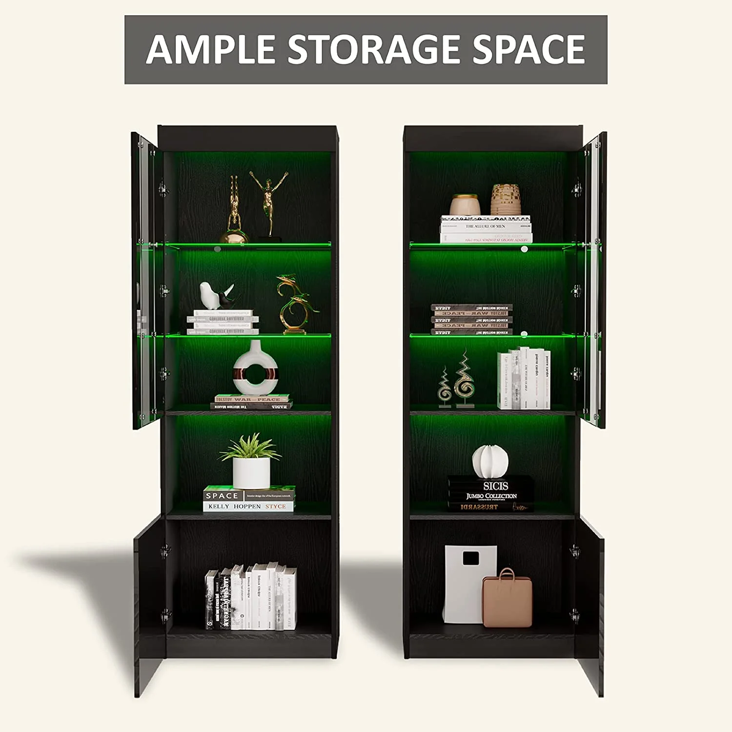 AMERLIFE 2 Piece Bookcase Storage Cabinet, Modern Wood High Gloss LED Bookshelf Display with 3-Tier Adjustable Glass Shelves&Lower Storage for Living Room Bedroom Study Office, Black