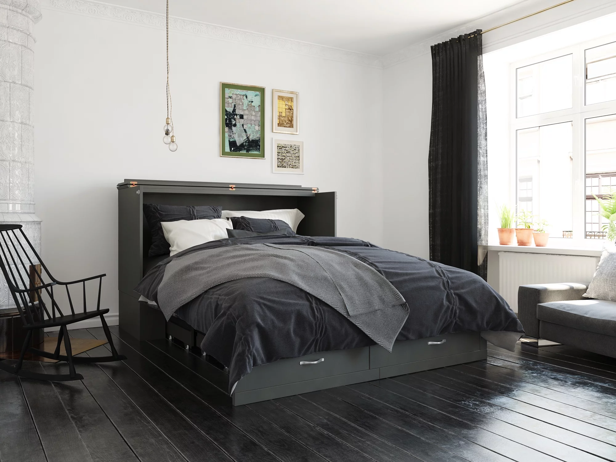 AFI Hamilton Queen Solid Wood Murphy Bed Chest with Mattress, Drawer and Charger in Gray