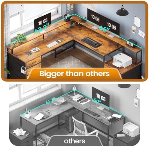 RUNFAYBIU L Shaped Desk with 6 Drawer  108" Home Office Desk with File Drawer &amp; Power Outlet  Corner Computer Desk with Monitor   File Cabinet  Two Person Desk  Gaming Desk with L