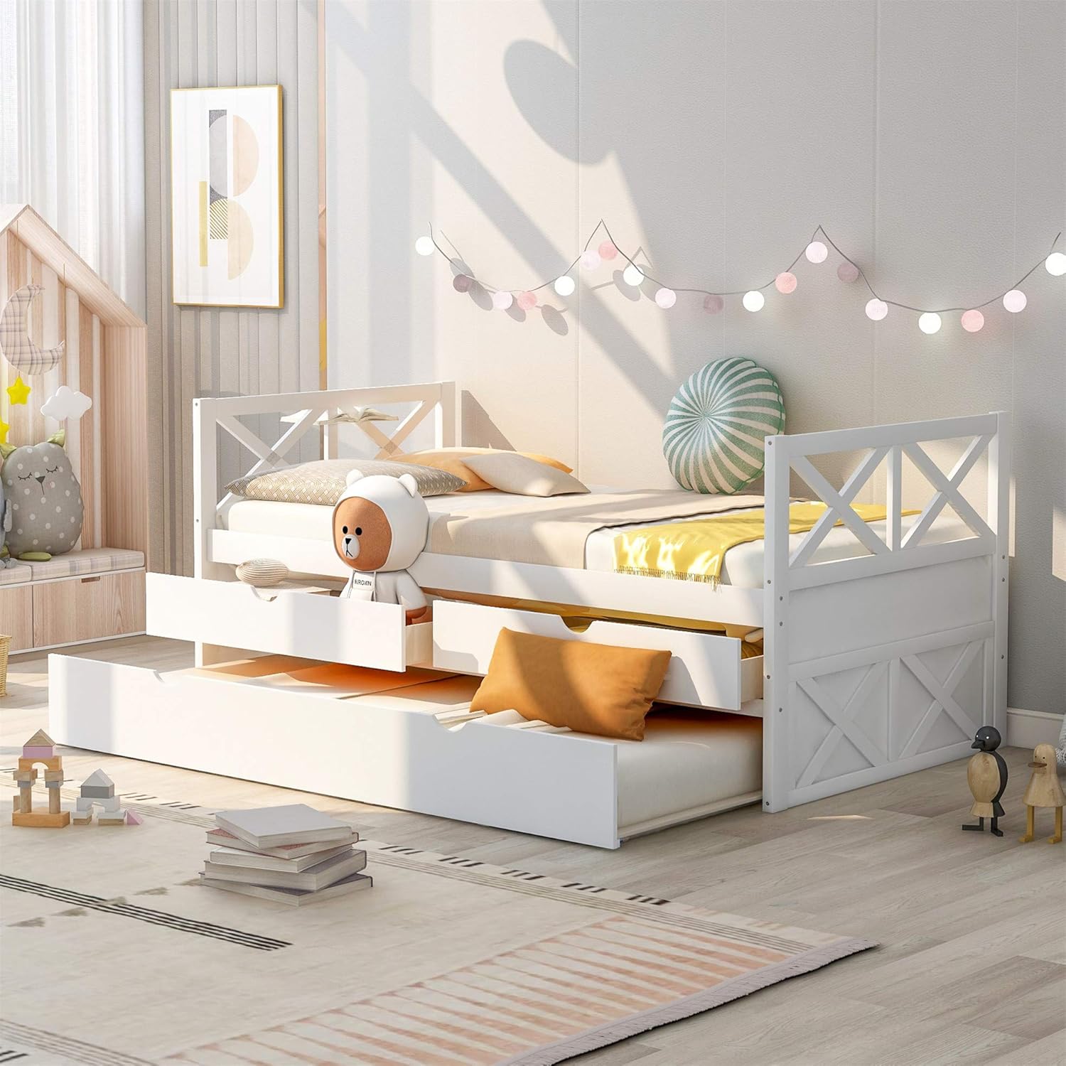Twin Size Daybed with 2 Large Drawers, Wooden Daybed with X-Shaped Frame, Modern and Rustic Casual Style Daybed (White)