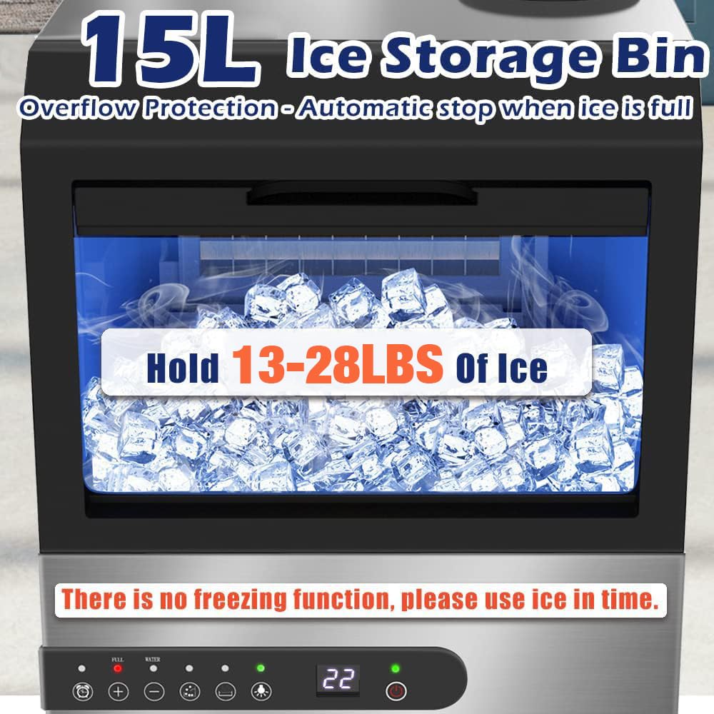 Commercial Ice Maker Machine, 100Lbs/24H Ice Production Under Counter Ice Maker, Tap Water & Top Loading Freestanding Ice Machine, 45 Ice Cubes/Cycle, Include Ice Scoop, Connection Hose