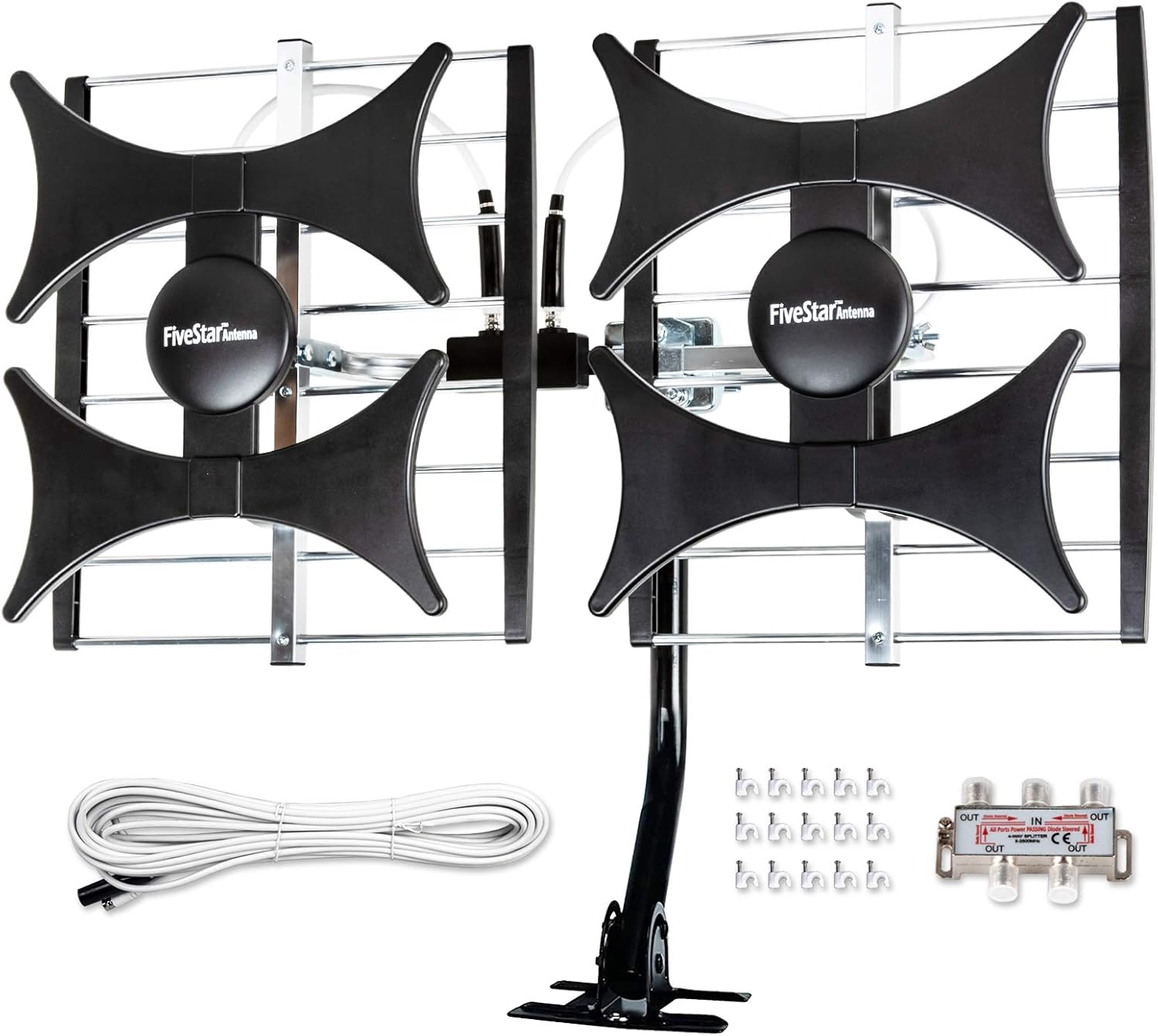 [Newest 2021] Five Star Multi-Directional 4V HDTV Amplified Antenna - up to 200 Mile Range, UHF/VHF, Indoor, Attic, Outdoor, 4K Ready 1080P FM Radio w/ 40ft RG6 coaxial Cable, Mounting Pole
