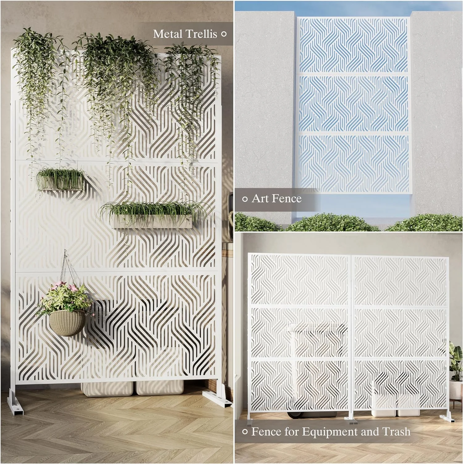 ALAULM Privacy Screen Outdoor Metal Privacy Screen with Stand Outdoor&Indoor Freestanding Decorative Privacy Screens Privacy Screen Divider Wall and Panel for Patio Garden Braid White