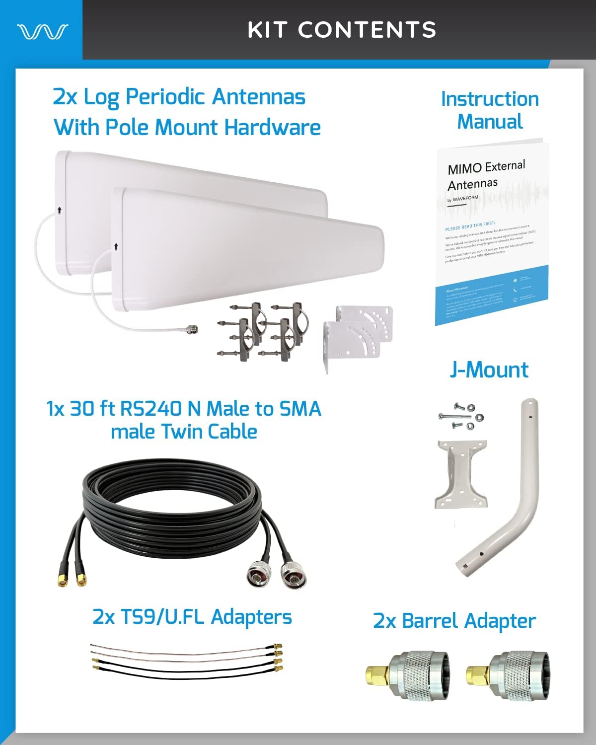 MIMO 4G/5G Log Periodic Antenna Kit by Waveform | +11 dBi gain 2x2 600-6000 MHz | for LTE/NR Hotspots, Modems, Cell Boosters (Twin Cable)