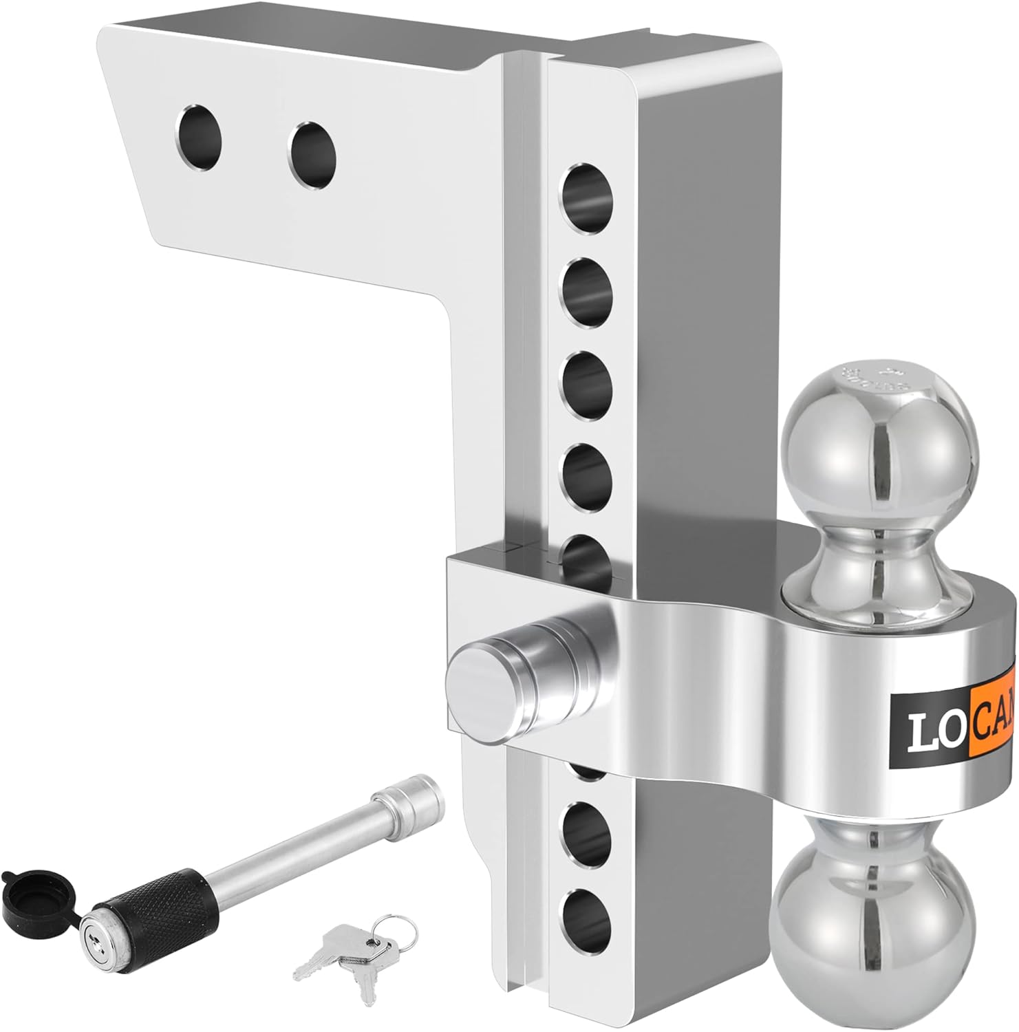 LOCAME Adjustable Trailer Hitch, Fits 2.5-Inch Receiver, 8-Inch Drop/Rise Aluminum Drop Hitch, 18,500 LBS GTW--Tow Hitch for Heavy Duty Truck with Double Stainless Steel Locks, Silver, LC0008