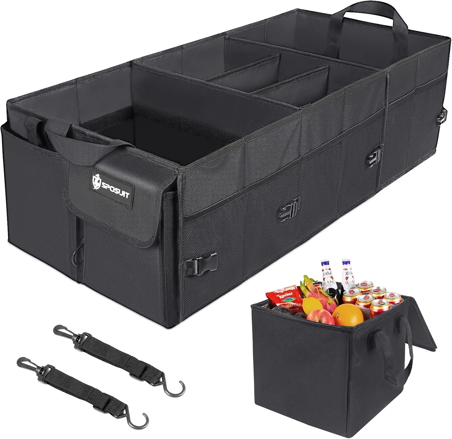 Sposuit Trunk Organizer with Cooler, Waterproof Collapsible Car Storage Trunk Organizer with Removable Dividers & Adjustable Securing Straps, Large Trunk Organizer for Car SUV Van