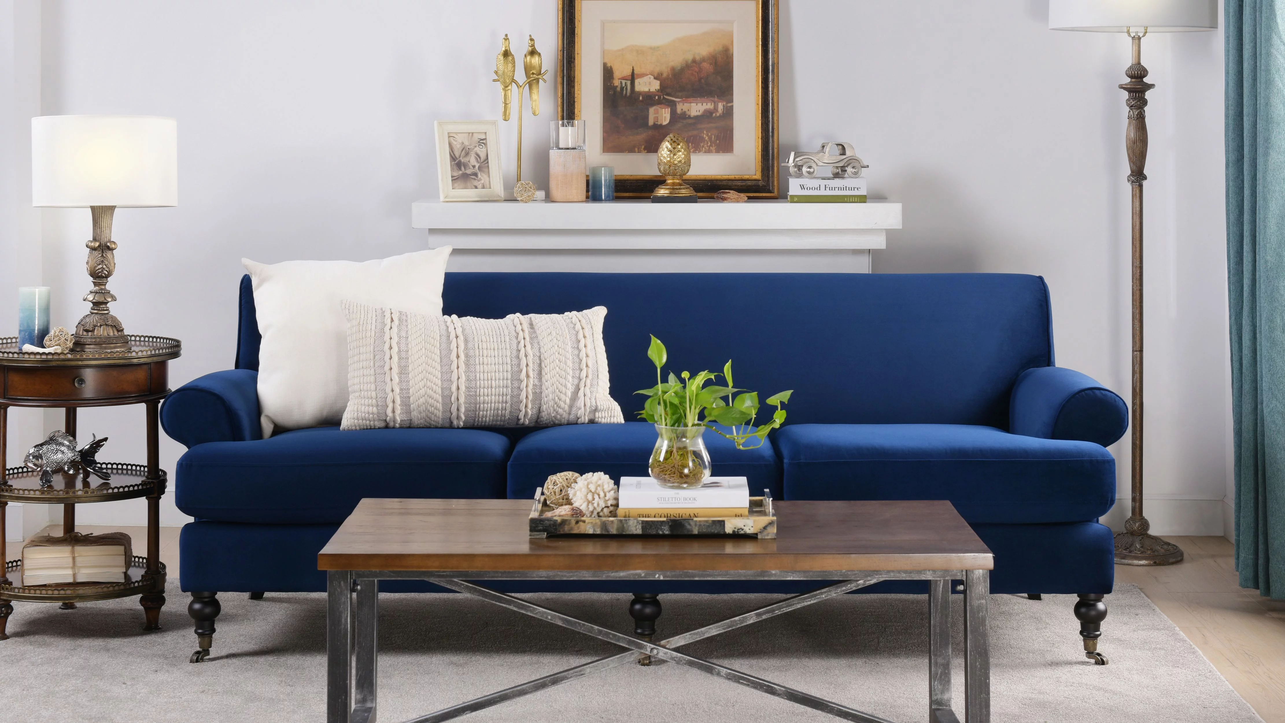 Jennifer Taylor Home Alana Lawson Recessed Arm Sofa Metal Casters, Navy Blue