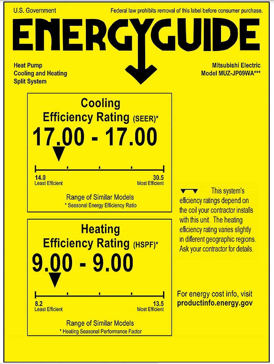 Mitsubishi 9,000 BTU 3/4 Ton Cooling Heating - Ductless Mini Split Wall Mounted Air Conditioning System 115V - 17 SEER