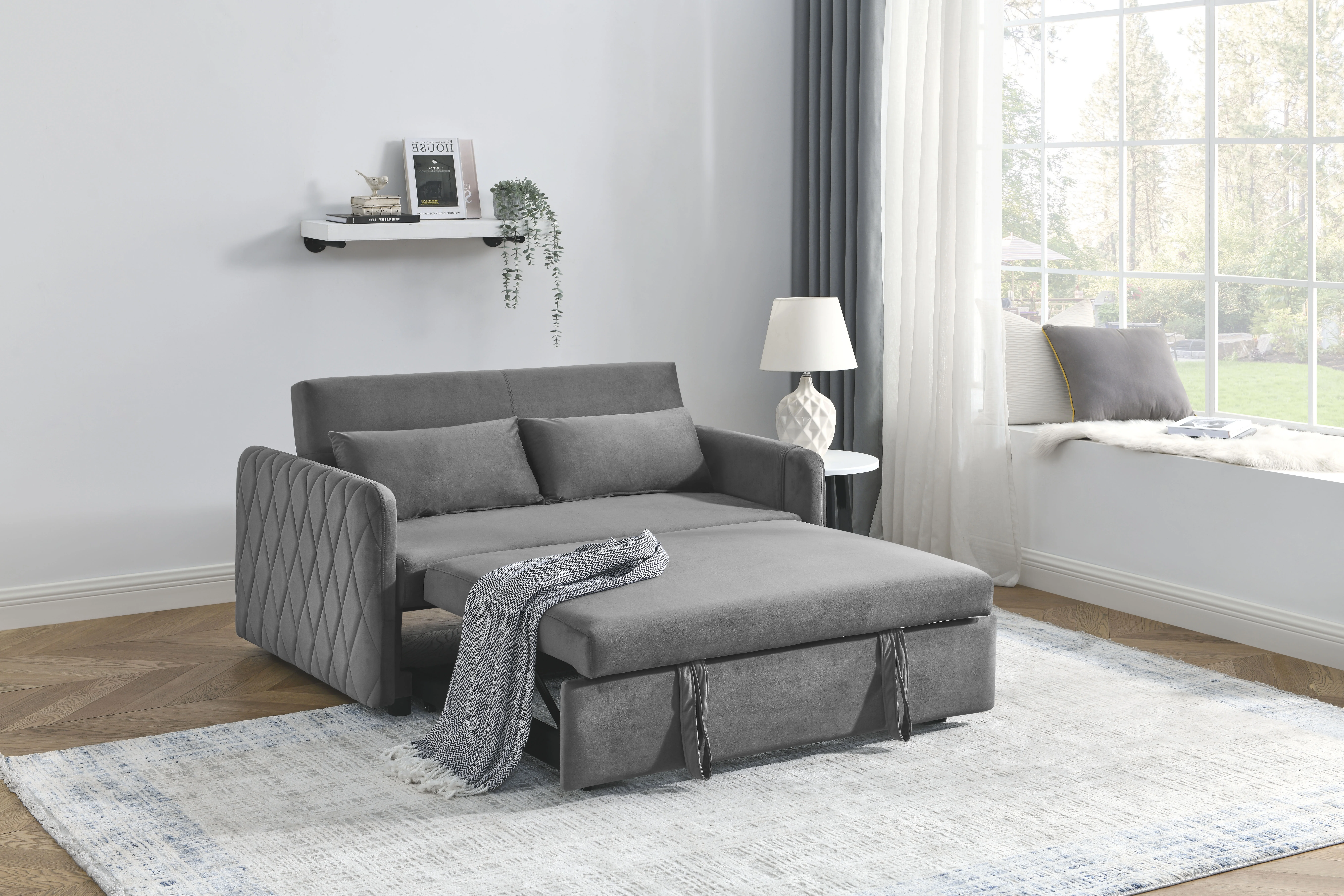 CoSoTower 55" Modern Convertible Sofa Bed with 2 Detachable Arm Pockets, Velvet Loveseat Sofa with Pull Out Bed, 2 Pillows and Living Room Adjustable Backrest, Grid Design Armrests - Curated Treasures Market
